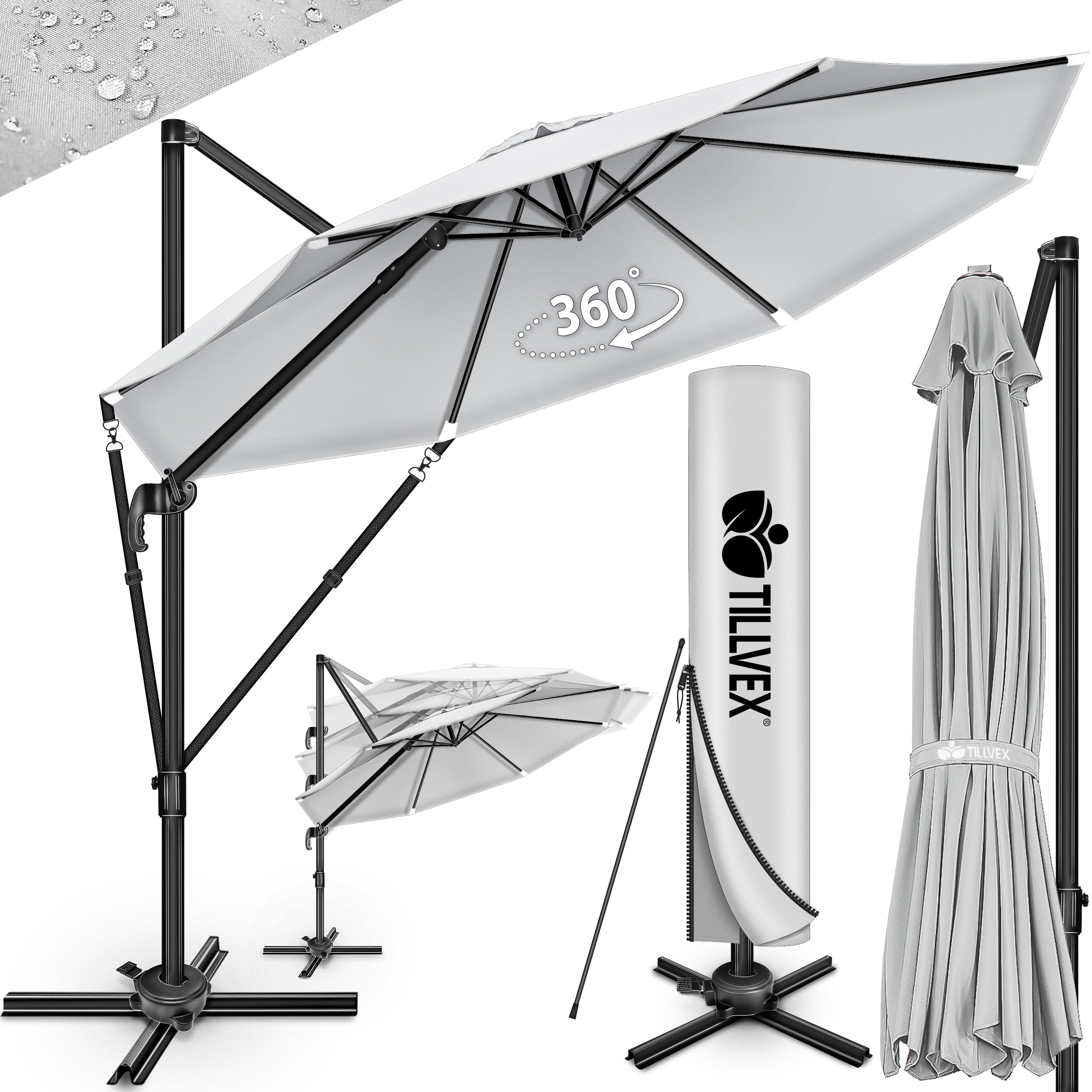 tillvex® Parasol déporté hexagonale 330 cm Premium avec manivelle | Avec housse et protection contre le vent | Parasol à manivelle réglable sur 7 positions | Parasol de jardin aluminium pivotant à 360