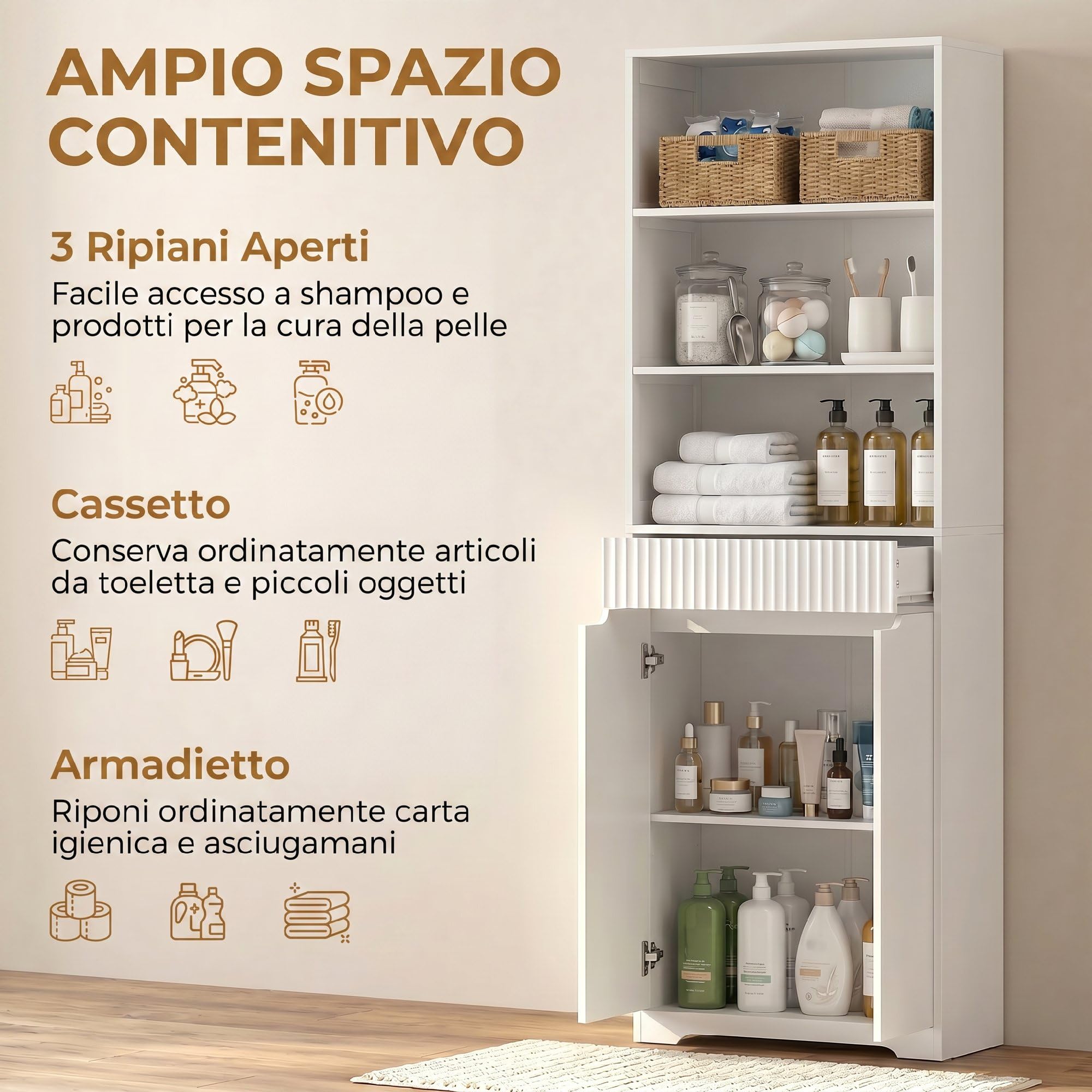 HOMCOM Mobile Bagno Alto Stretto, Mobiletto Bagno Salvaspazio con Armadietto Ante Soft Close, 3 Ripiani Aperti, Cassetto Scanalato, Ripiano Regolabile, per Lavanderia, 60x30x171 cm, Bianco