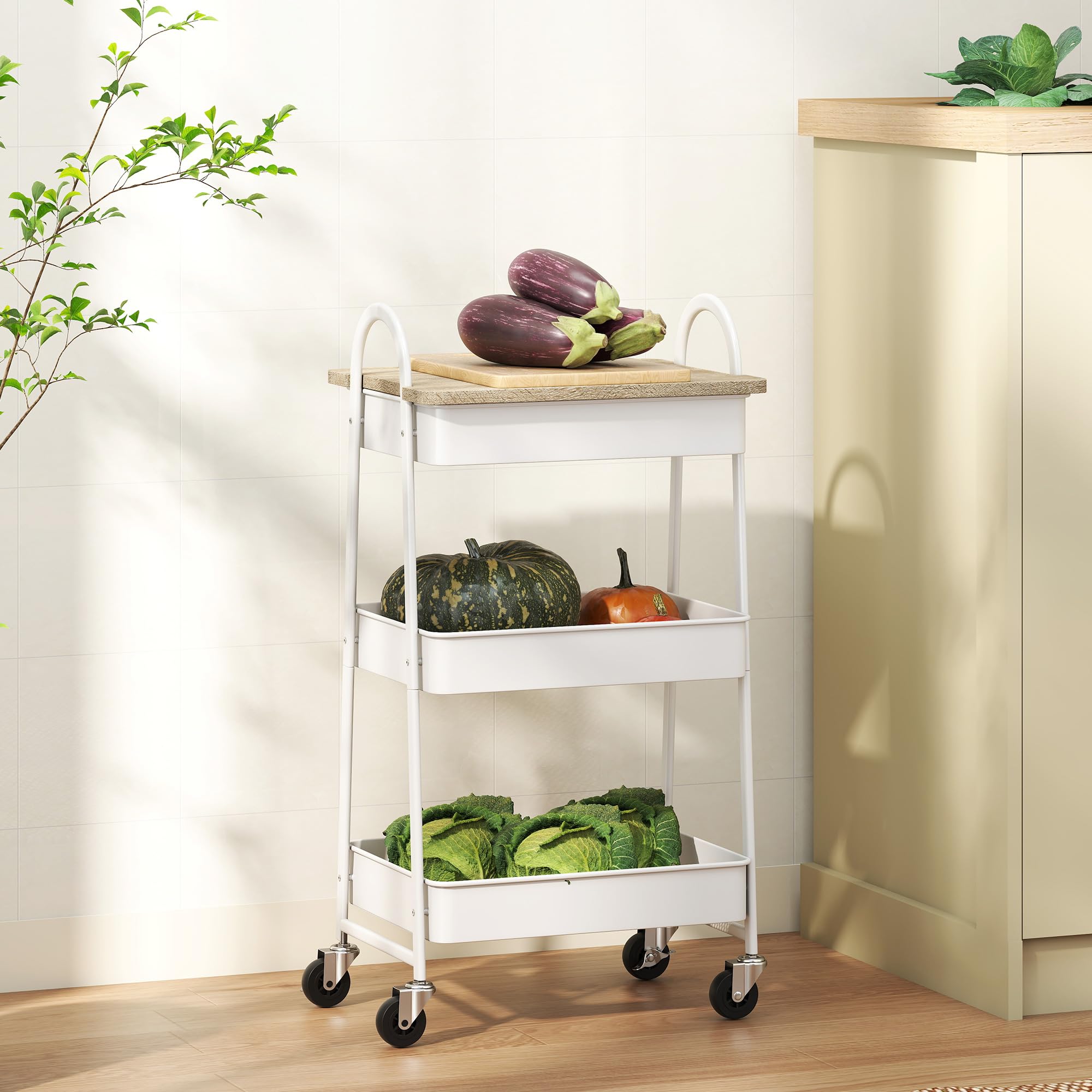 HOMCOM Desserte Cuisine, Chariot de Service à 3 Niveaux, avec Plateau supérieur, paniers en Maille, poignées, Chariot de Rangement à roulettes pour Salon, Bureau, Cuisine, 45 x 32 x 77,5 cm, chêne