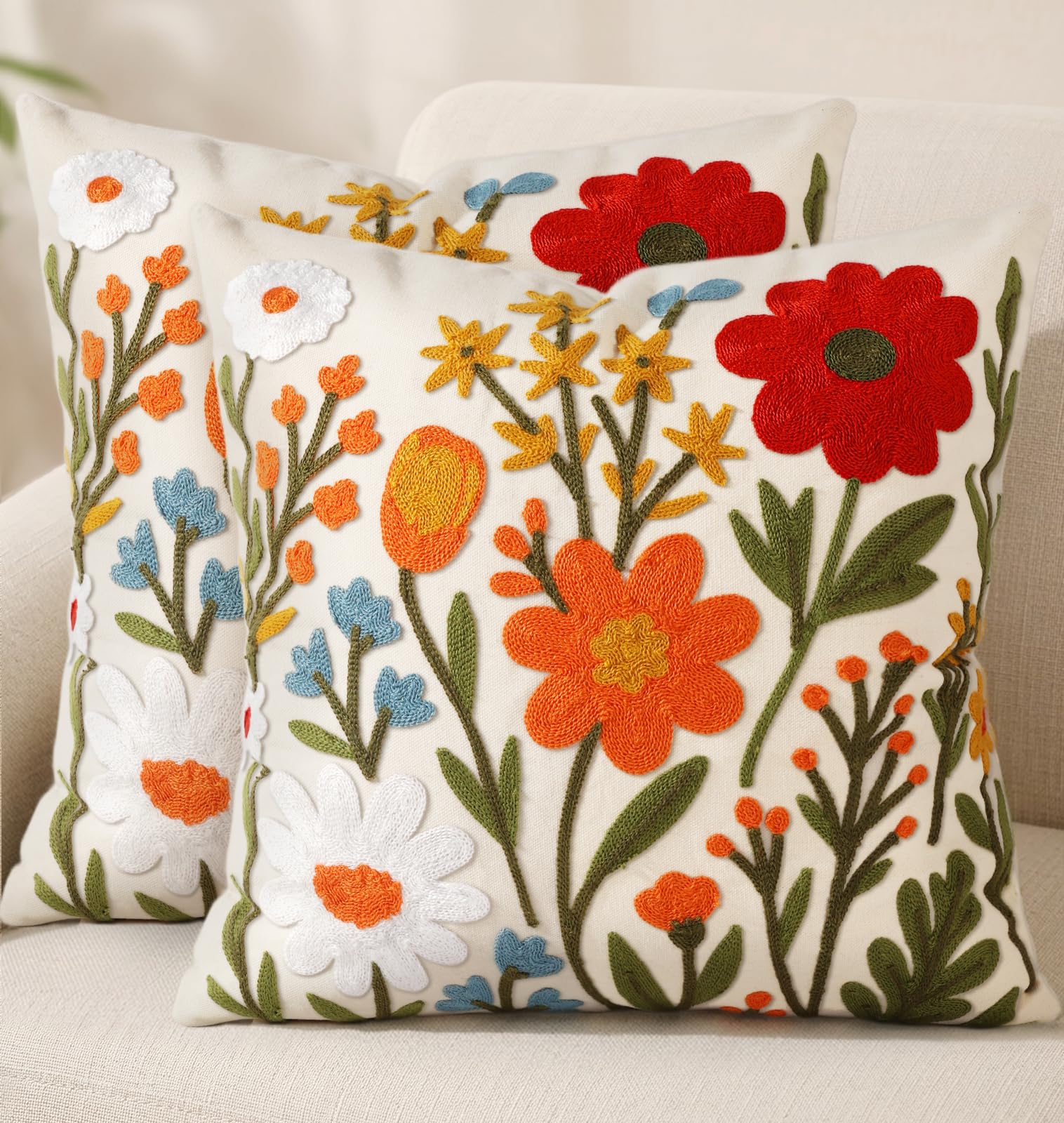 Embroidered Throw Pillow Covers 18x18 Inch, 2Pack, Flower Cluster