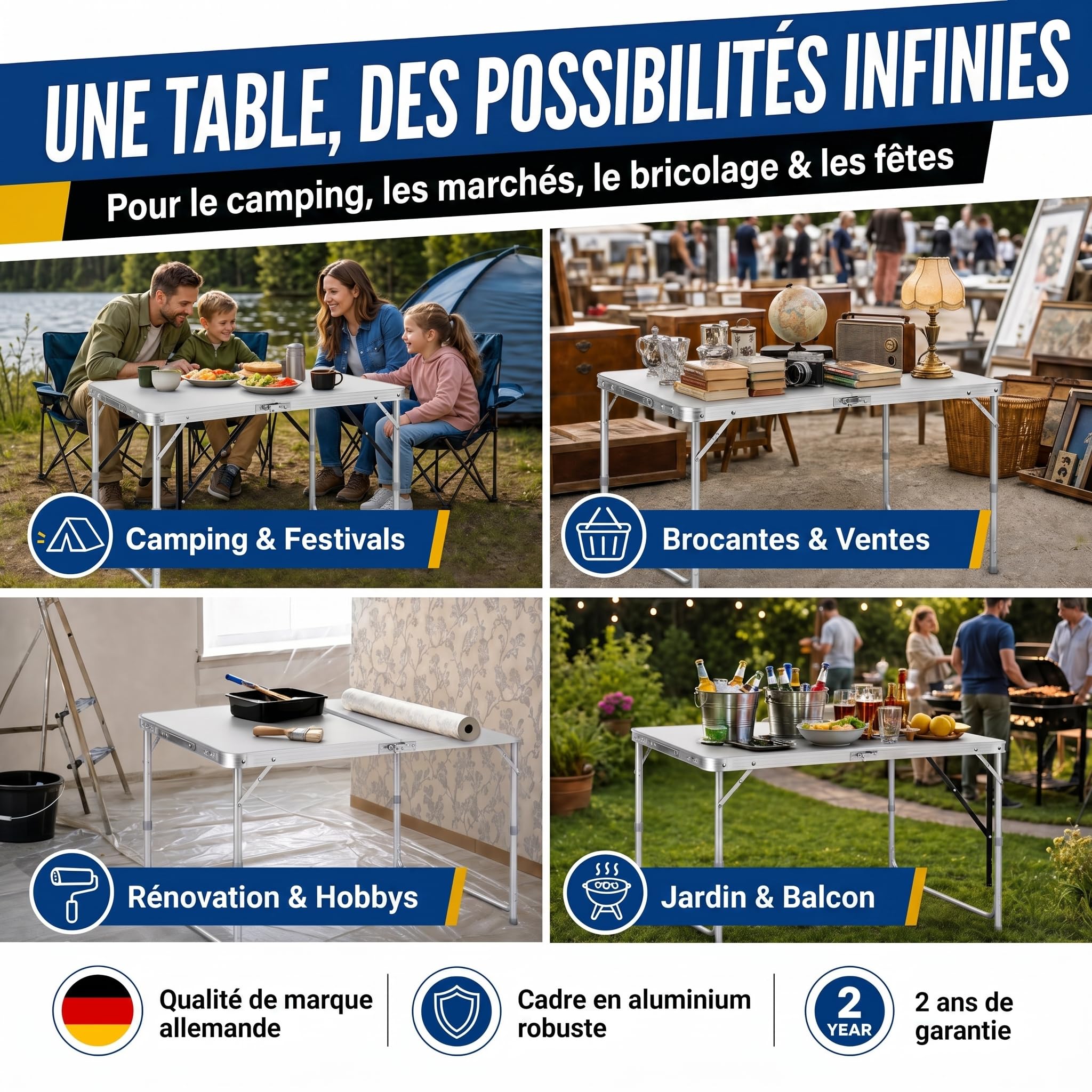 Table Pliante multifonctionnelle Table de Camping Table Pliante Table de marché Table à tapisser réglable en Hauteur Table d'appoint pour Camping dans Le Jardin pour Festivals, marchés et Plus (Blanc