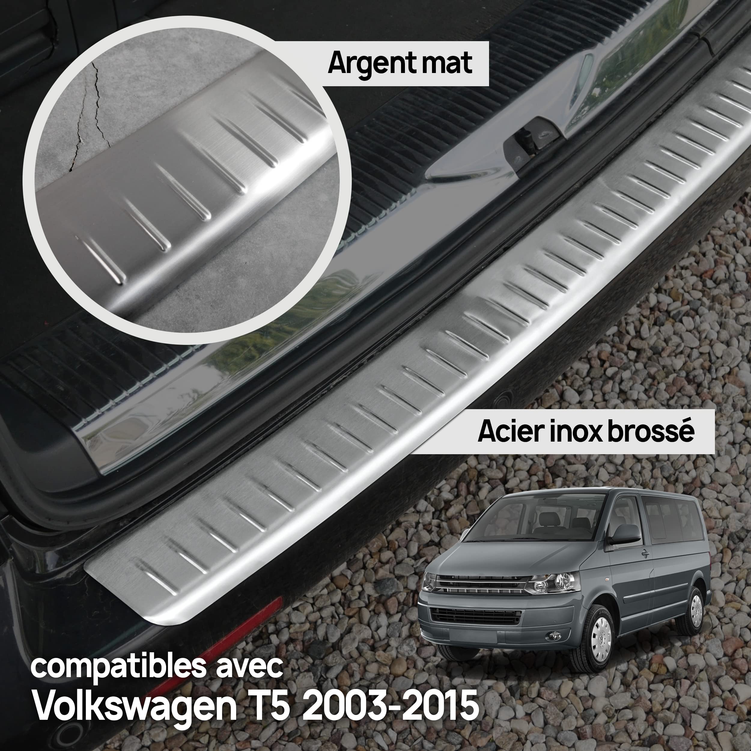 CHROMEMASTER | Protection de Pare-Chocs arrière | Compatible avec VW T5 2003-2015 | Acier INOX brossé, Argent Mat | Protection de seuil de Coffre pour protéger Votre Voiture des Rayures
