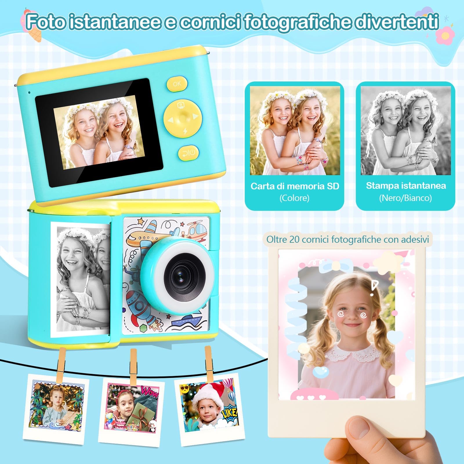 Macchina Fotografica Bambini Istantanea,Schermo IPS 2,4" Modalità Selfie e Video, 32 GB + 3 Rotoli di Carta Fotografica, Giocattolo Regalo per Natale/Compleanno Ragazze Ragazzi 3-14 Anni (Blu)