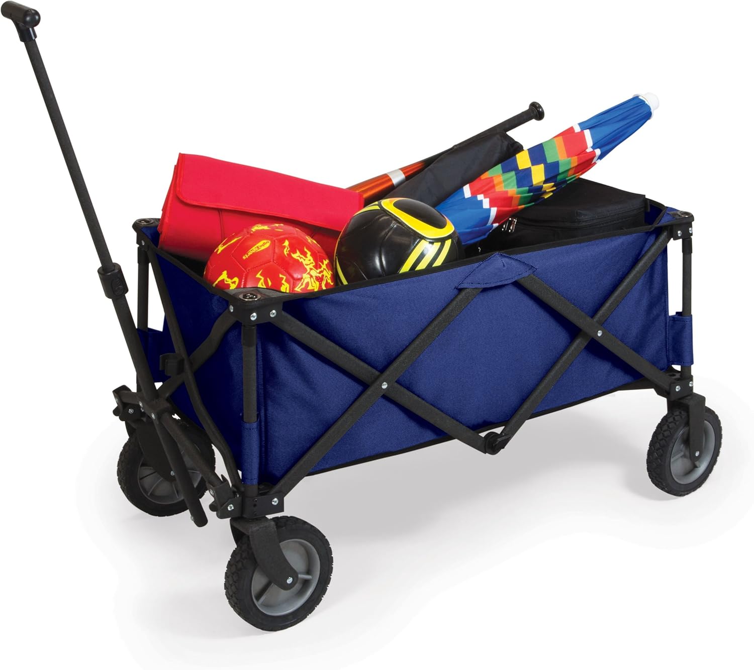 PICNIC TIME Adventure Collapsible Folding Wagon, Outdoor Collapsible Wagon, Portable Cart with Wheels, All-Terrain Trolly Cart with Storage Cover and Handle, Supports 225 lbs, (Navy Blue)