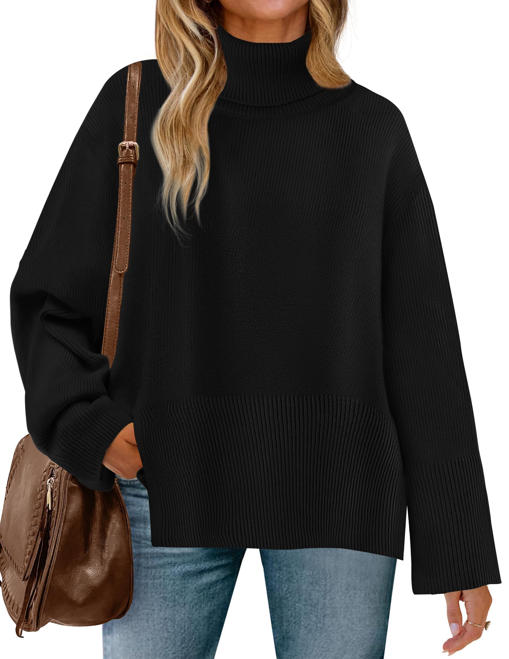 ZESICA Women's 2024 Fall Sweaters Turtleneck Long Sleeve Oversized Split Hem Knitted Tunic Pullover Jumper Tops