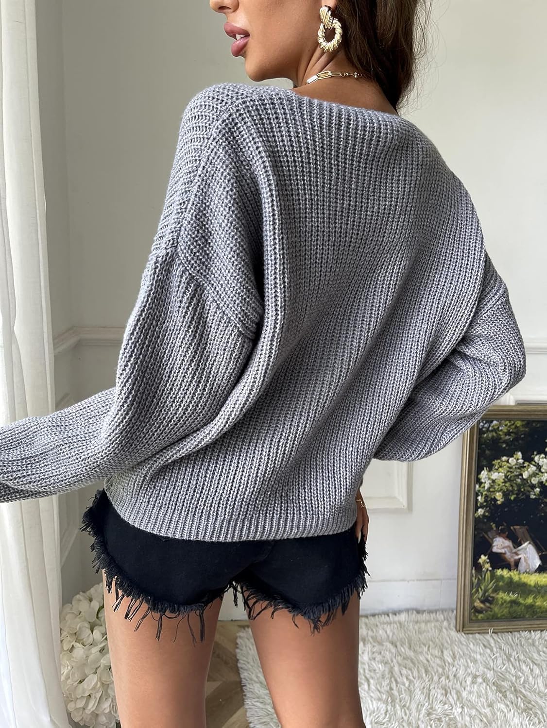 Women's Sweater Drop Shoulder Ribbed Knit Sweater Sweater for Women (Color : Gray, Size : Medium)