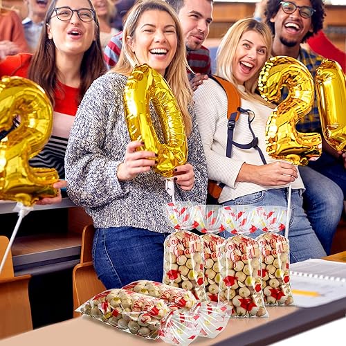 Miniatura 6 de Blulu 100 bolsas de celofán de graduación, felicitaciones para graduados, bolsas de regalo de plástico con 100 lazos giratorios plateados para
