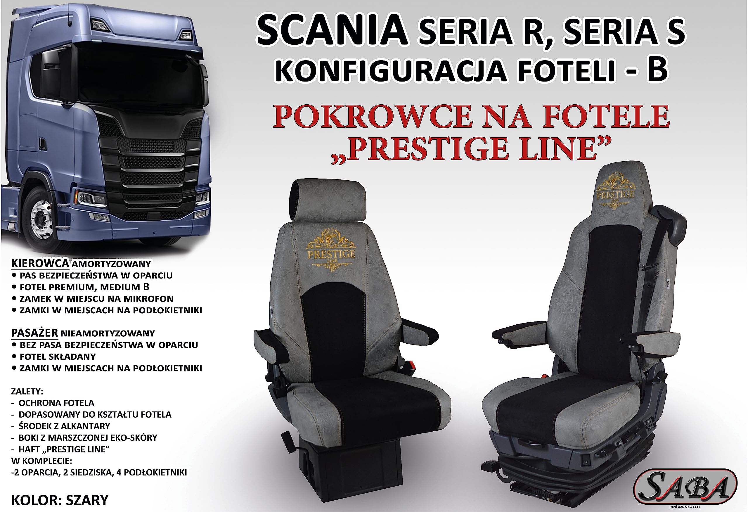 Coprisedili per Camion in SCANIA SERIE R, S Configurazione B Sedile di Guida Premium con Cintura, Sedile Passeggero Ribaltabile/Senza Sospensione Grigio - Set coprisedile Resistente