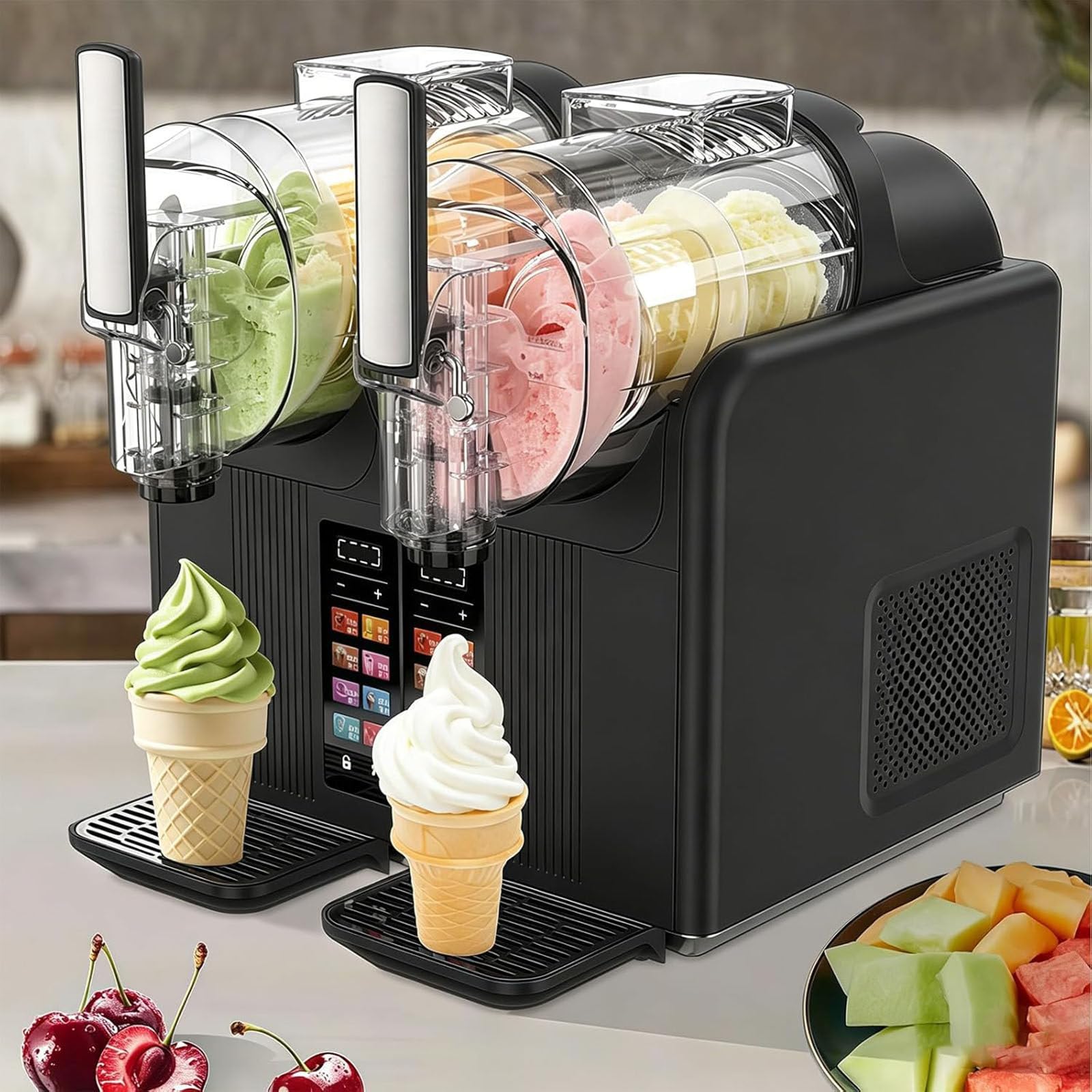 LJCSSD New Slushy Maker Machine,Double Head Slushie Maker Machine,Electric Soft Serve Ice Cream Device with Dual 2l Capacity, 7 in 1 Presets,Automatic Clean,for Home Café Bar Countertop Black