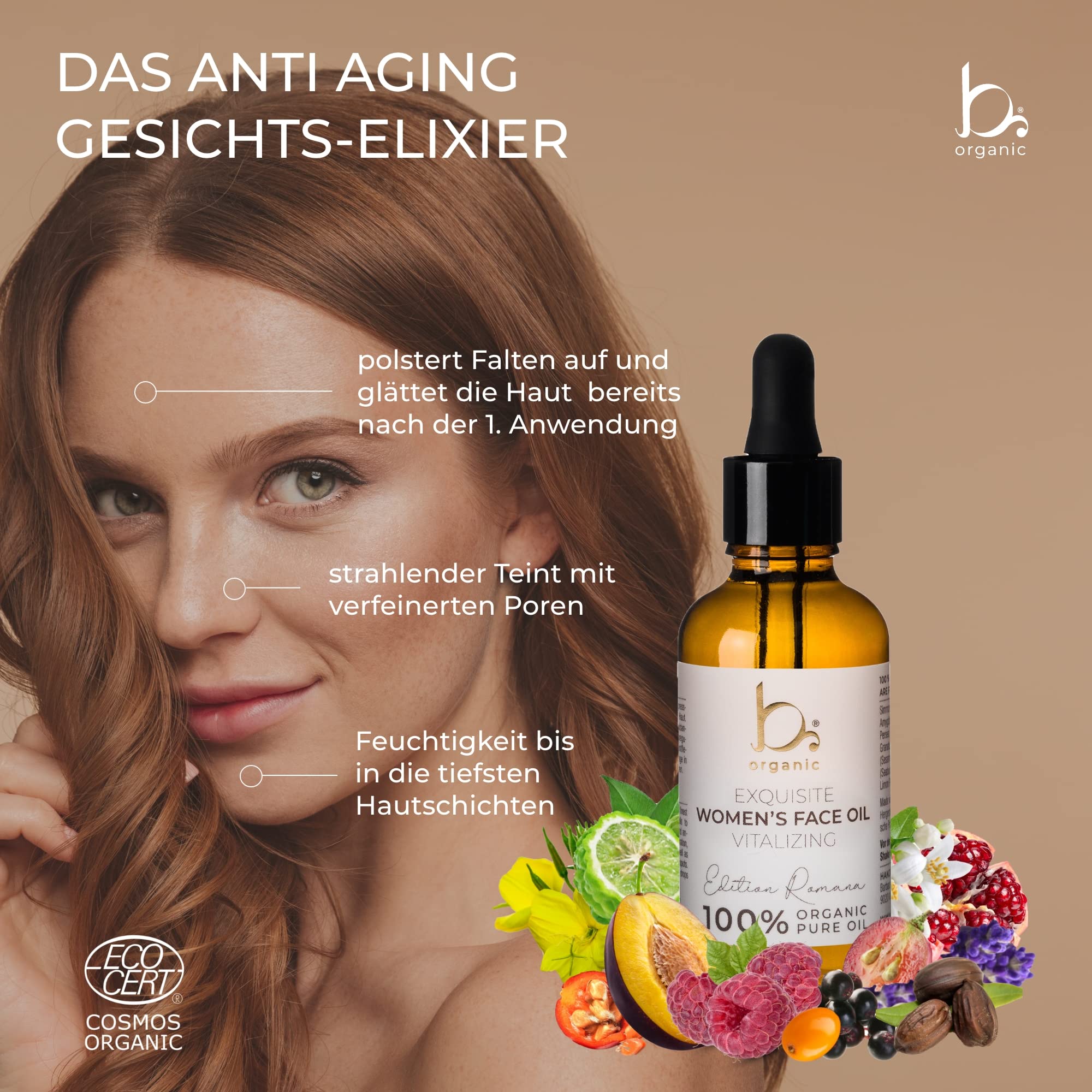 b-organic Feinst abgestimmtes Gesichtsöl Anti Aging Elixier mit 39 hochwertigen und 100% reinen Inhaltsstoffen - Women's Face Oil