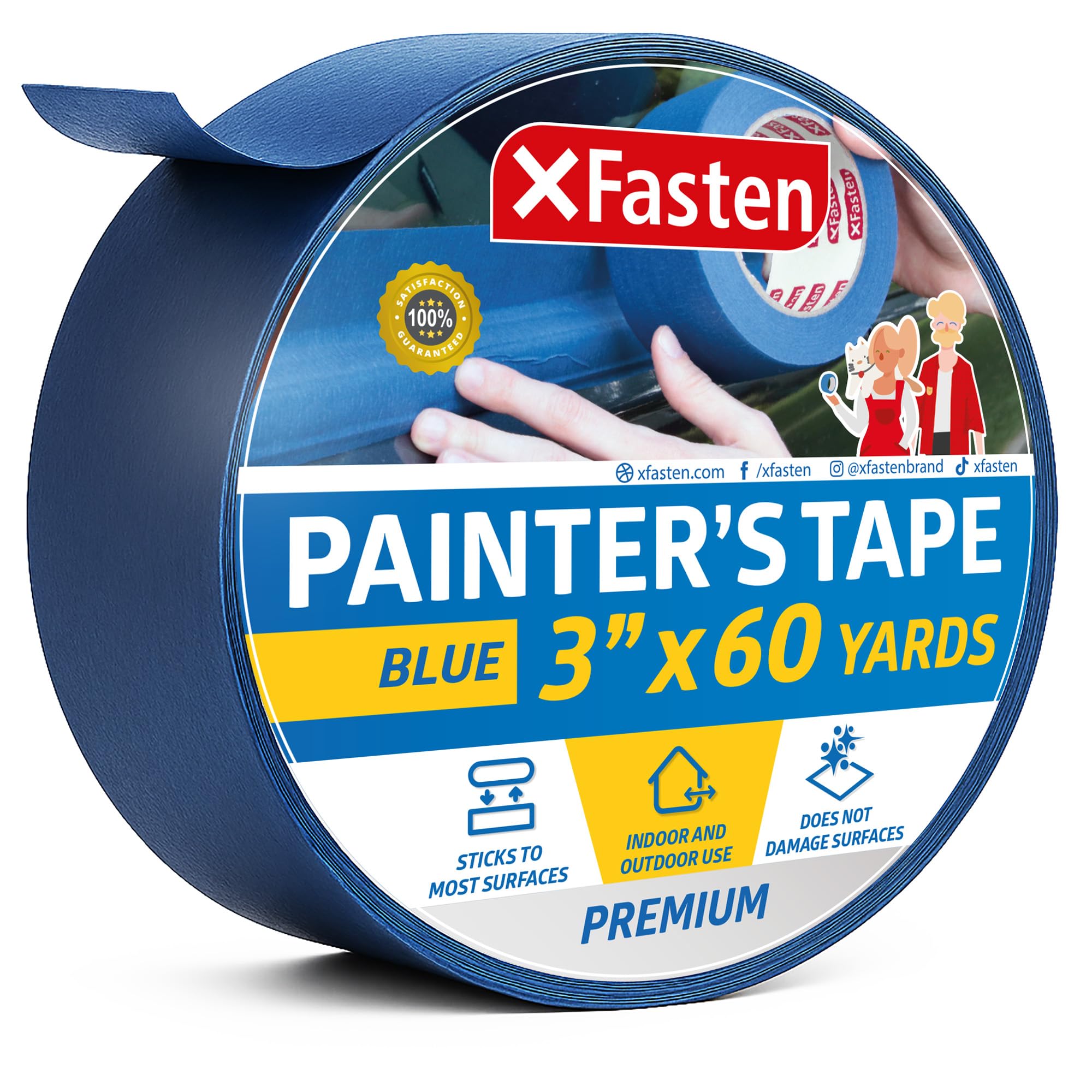 XFasten Professional Blue Painters Tape, Multi-Use, 3 Inches x 60 Yards Blue Tape - Sharp Edge Line Technology, Produces Sharp Lines | Residue-Free