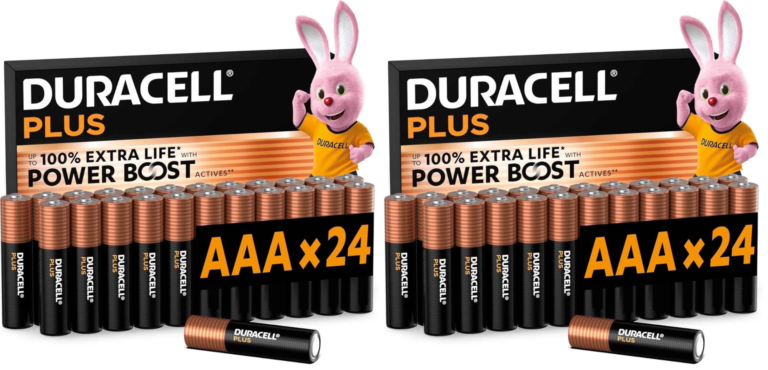 DURACELL Plus Pilas AAA (Paquete de 48) – Pilas alcalinas 1,5 V–hasta un 150% de duración Extra con Activos Power Boost–Fiabilidad para Dispositivos cotidianos–Envase con 0% de plástico-MN2400