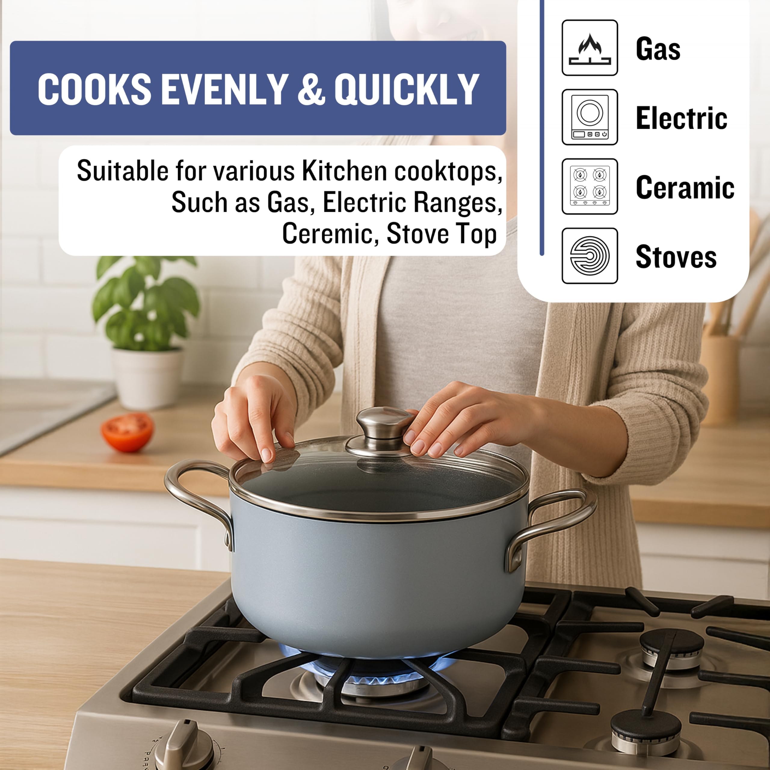 Get Plumm Cooking Pot with Lid 28cm 6.5 Litre | Non Stick Cookware Set Ceramic Biryani Pot/Sauce Pot | Induction Base & Gas Stove |Cooking Set For Kitchen |Handi With Glass Lid Steel Handle Steam Vent 3