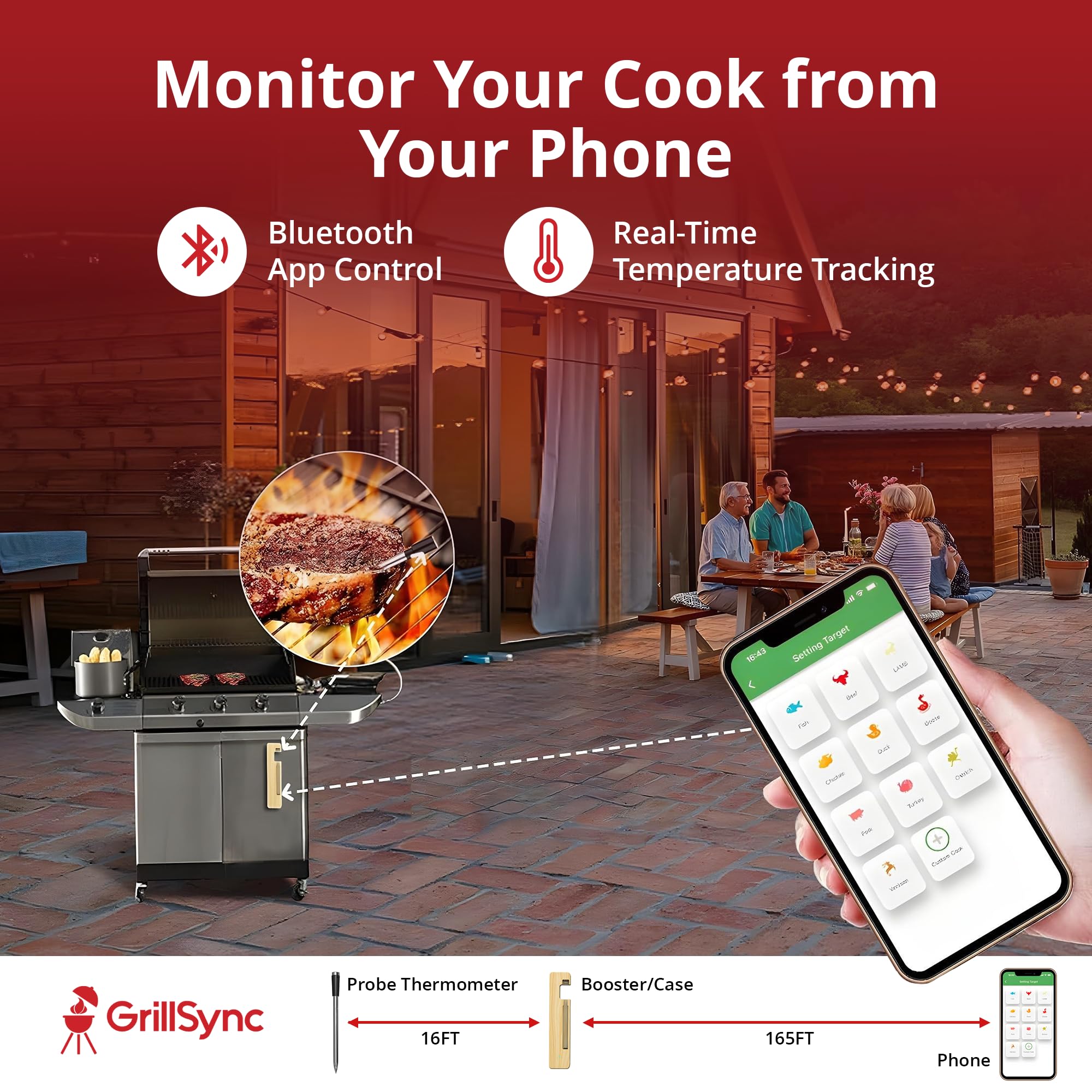 Digitales Fleischthermometer Kabellos Bluetooth Dual Sensor BBQ Küche Räucherofen Wasserdicht mit USB-C Ladekoffer App-gesteuert 40m Reichweite