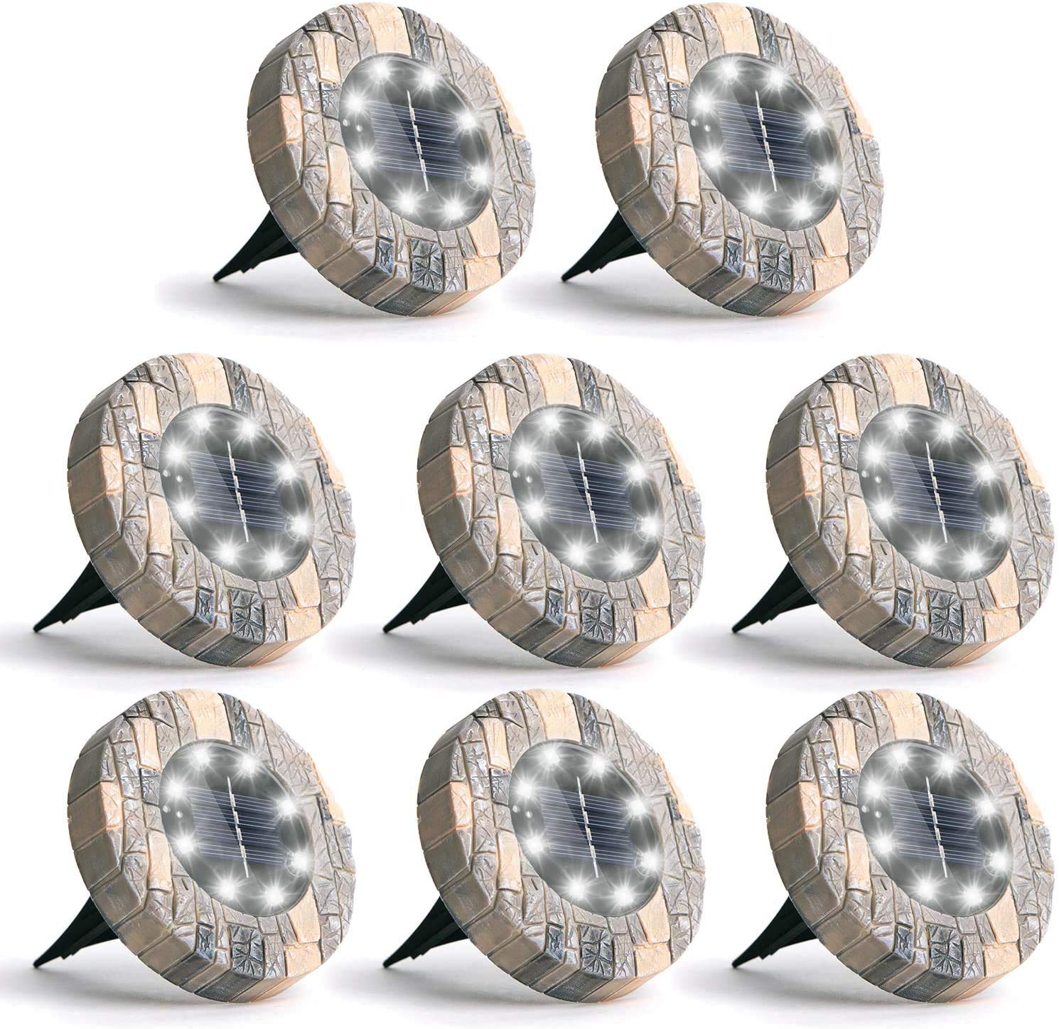 8 x LED Lámpara solar Piso de jardín al aire libre Luces impermeables de acero inoxidable, Sensor oscuro Luces de paisaje para césped Camino Patio Calzadas Área de piscina (blanca - la roca, 32pcs)