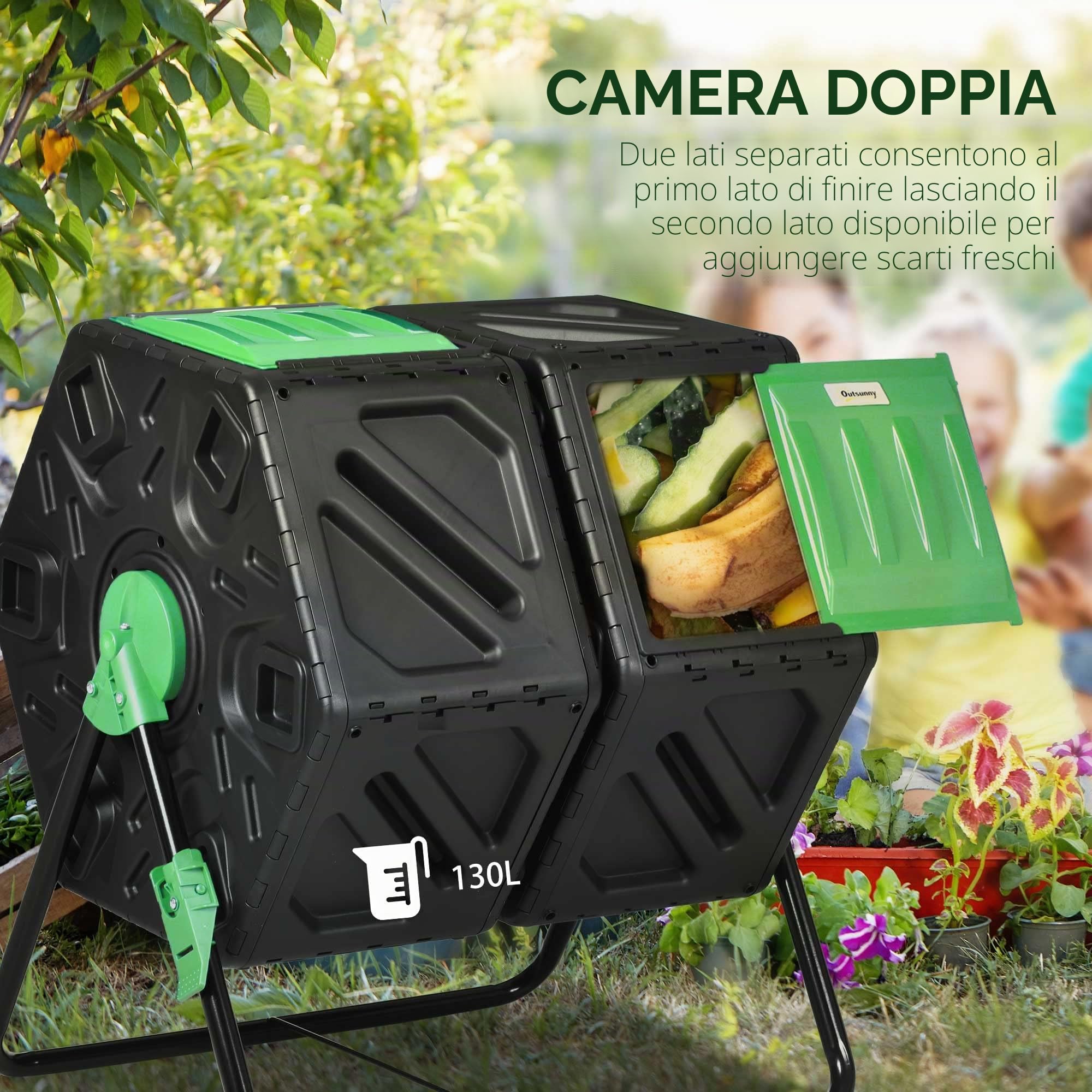 Outsunny Composter da giardino – vassoio compost per rifiuti – rotante a 360° – doppia camera 160 L – acciaio PP nero
