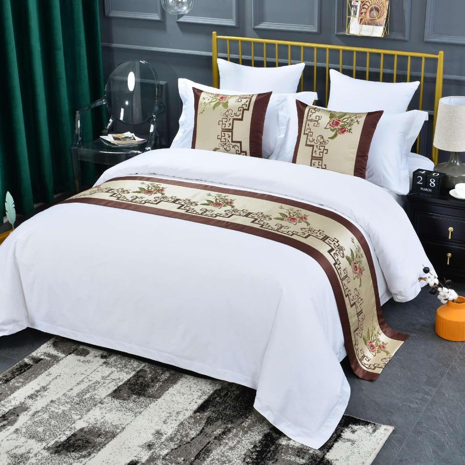 TTiiLoe Satin Jacquard Bed Runners Bed Scarves, Bed Throw Bedspreads Cover Protection for Hotel Bedroom Wedding, Gold, 50 * 180cm for 1.2m Bed