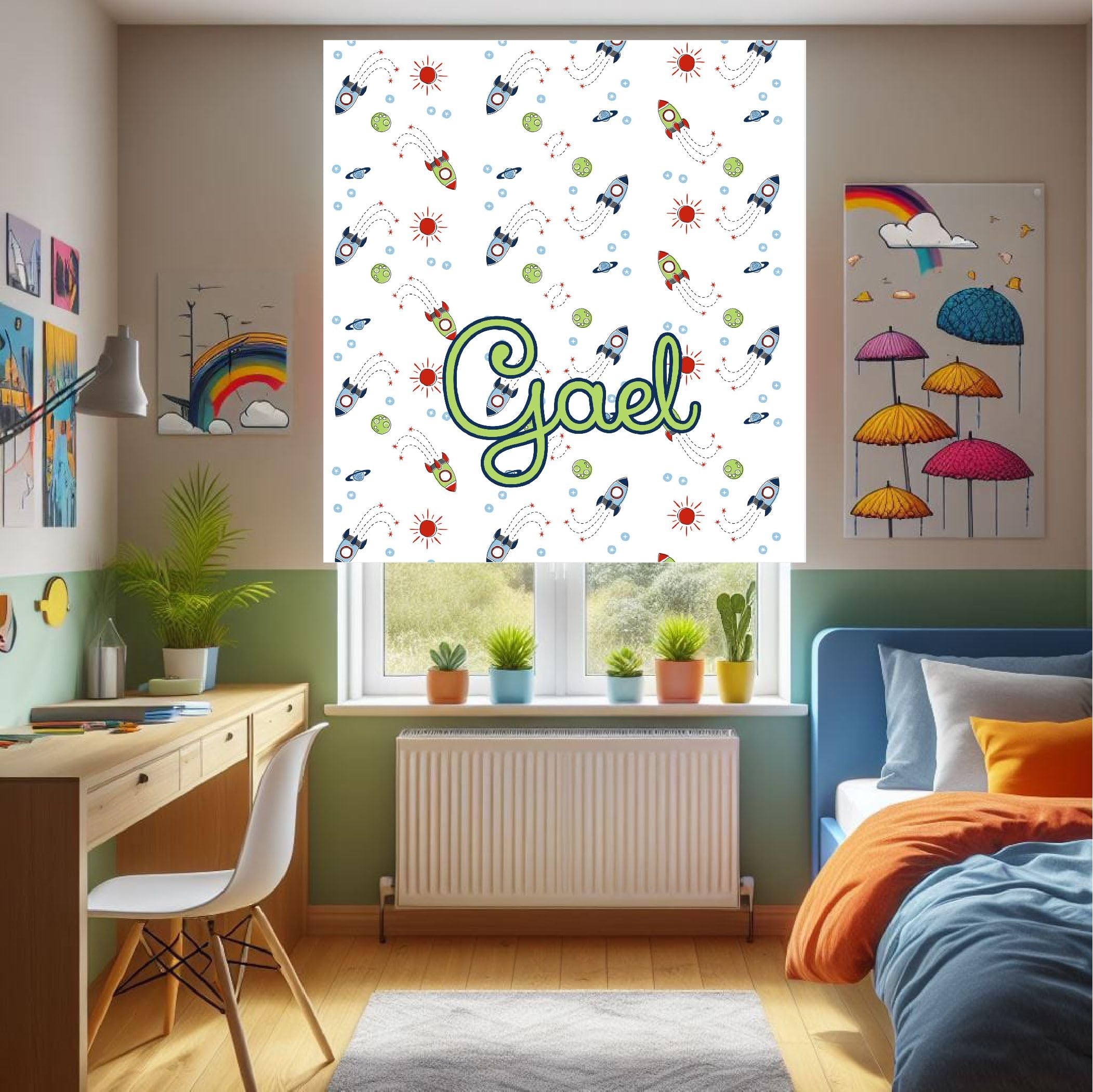 Estores infantiles personalizados. Estores infantiles niño dibujos, estores infantiles habitacion niño. Estor infantil estampado Cohetes. Estor enrollable translucido habitación niño(180x170)