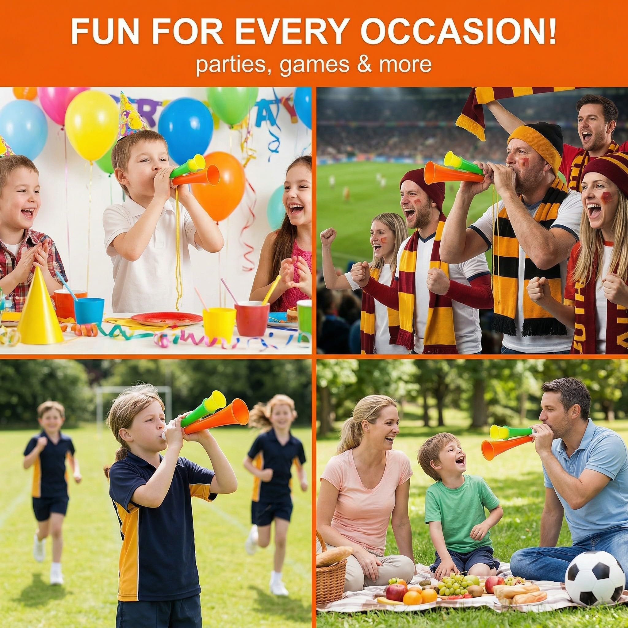 Set di 6 trombe da stadio a forma di pallone da calcio, trombe da tifoso in plastica sicura – per bambini e adulti, ideali per competizioni internazionali, partite e feste
