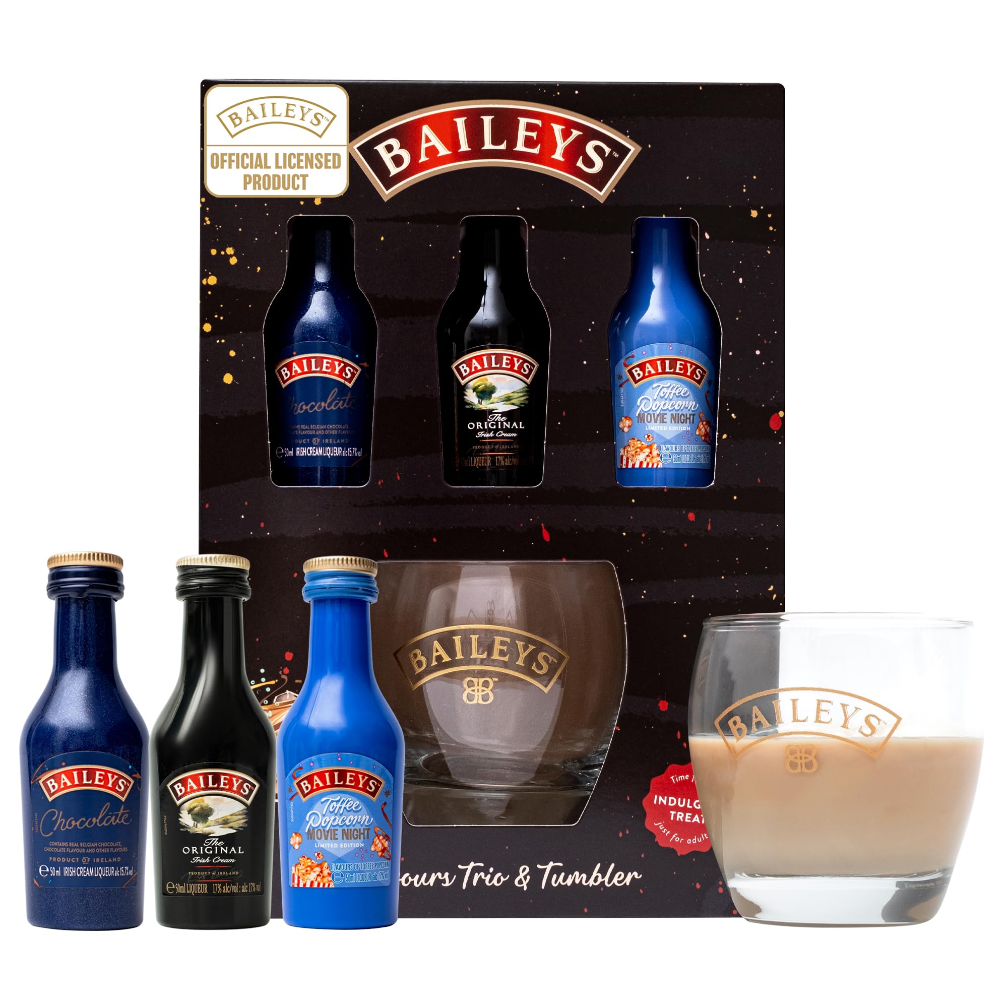 Baileys Gift Set - Original Irish Cream Liqueur, Chocolate, Toffee Popcorn x3 Alcohol Miniatures 5cl Bottles and Glass - Birthday Alcohol Gift Sets for Women, Men, Mum Gifts for Birthday