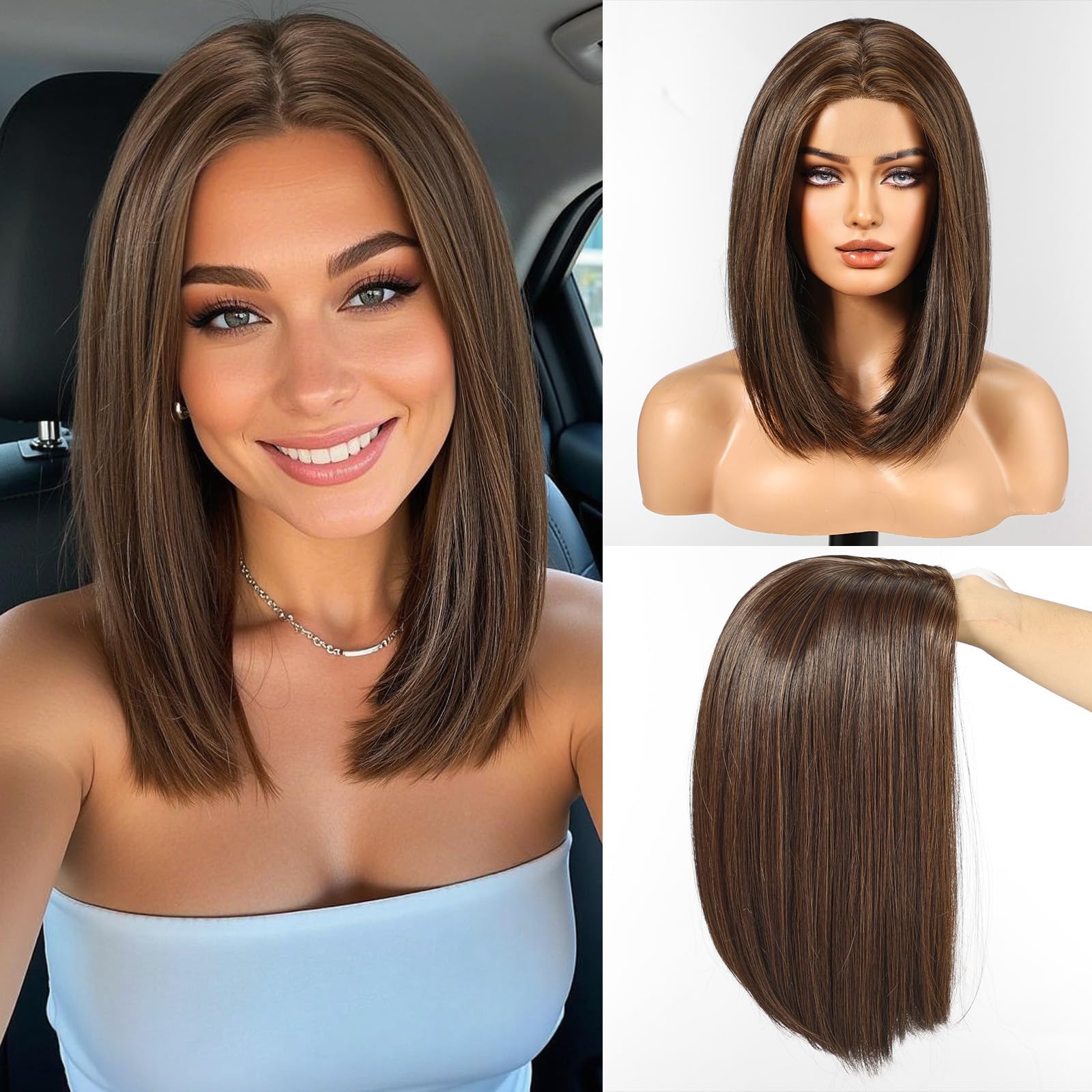 WOKESTAR Bob Wigs for Women Middle Part Bob Style Heat Resistant Fibre Synthetic Heat Resistant Wigs Brown Color