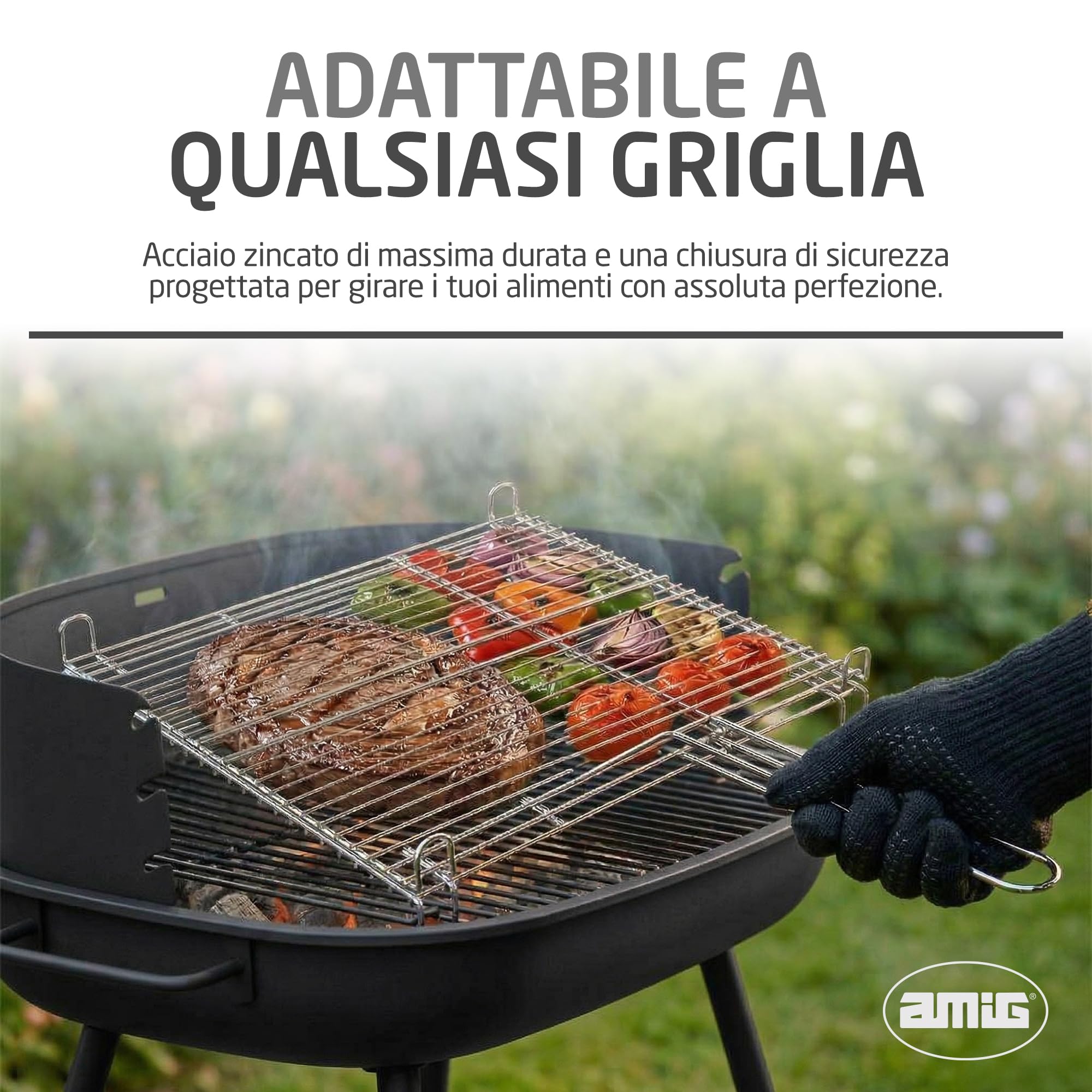 Amig - Griglia per Barbecue - 50 x 50 cm - Realizzata in Acciaio Resistente alla Corrosione - Girata Uniforme Ideale per Arrostire Carni e Verdure - MOD. AM25