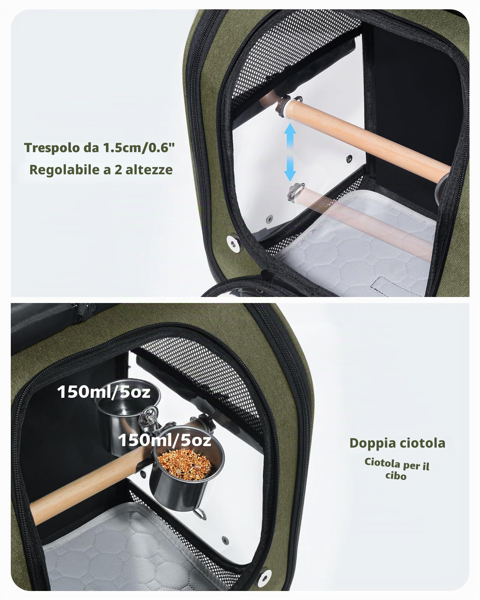 Pecute Gabbia Zaino per Pappagalli - Zaino Trasportino per Uccelli Portatile e Pieghevole con Finestra, Ciotole e Trespolo Amovibili, Sicuro e Traspirante per Veterinario e Uscite, Verde Oliva