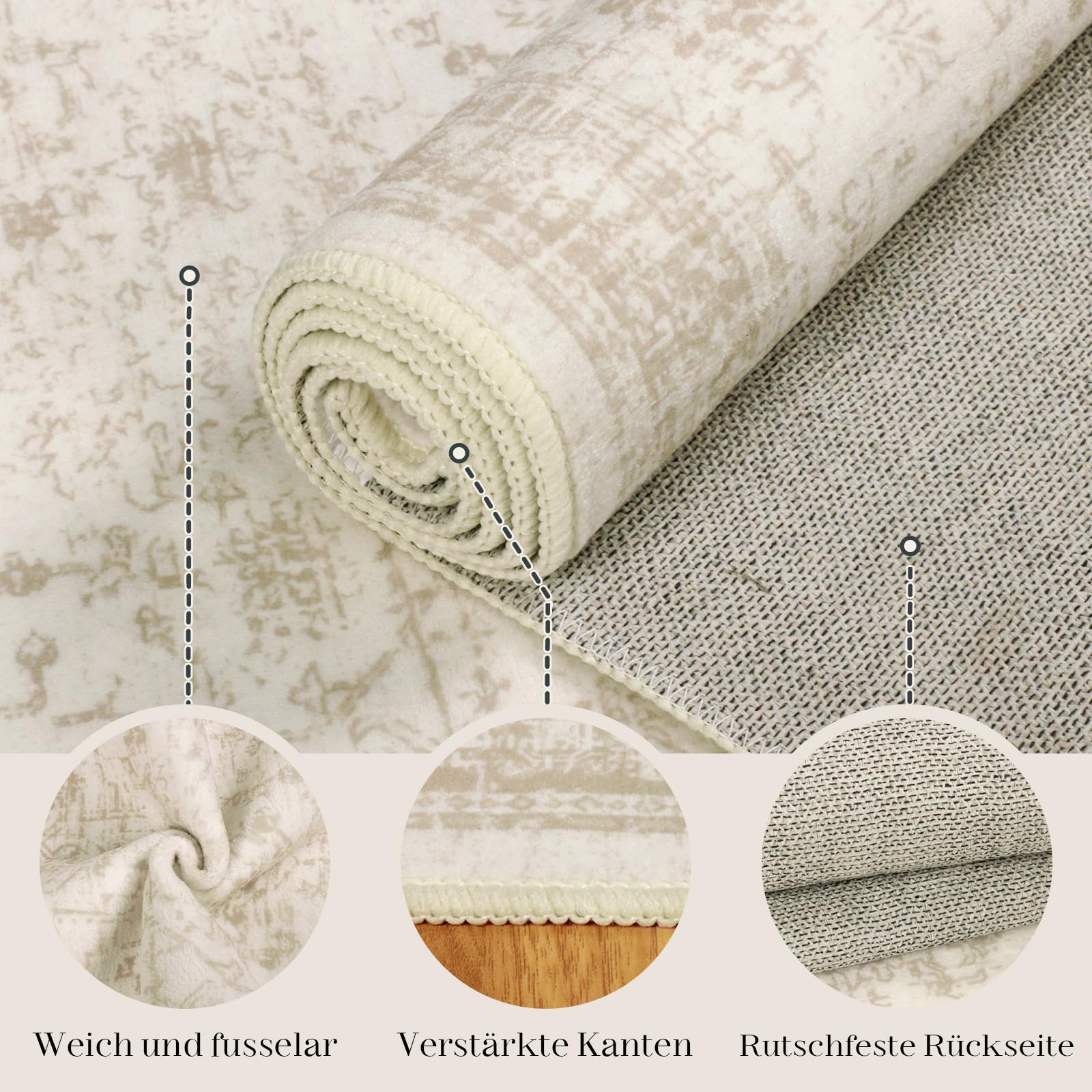 Tapis Vintage Beige 120x180cm Lavable antidérapant Poil Court pour Salon, Chambre, Bureau, Cuisine