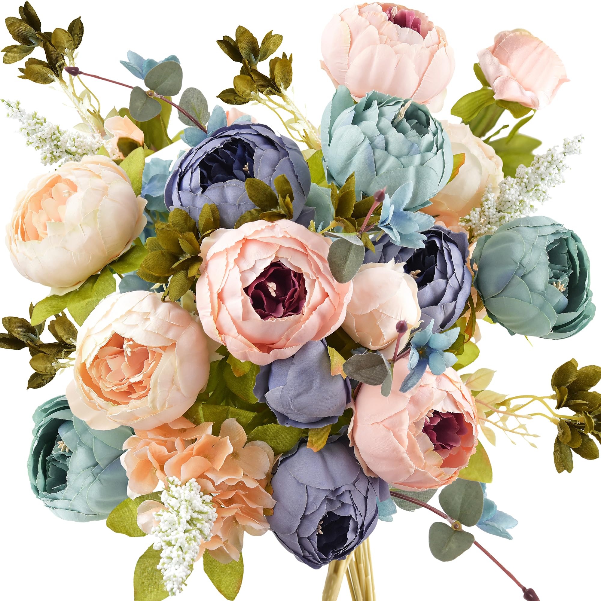 FiveSeasonStuff Vintage Artificial Peonies Silk Peony Flowers and Hydrangeas for Wedding Bridal Home Décor – Beautiful Floral Centerpiece Arrangement with 2 Bouquets (Tranquil Blue and Pink Mix)
