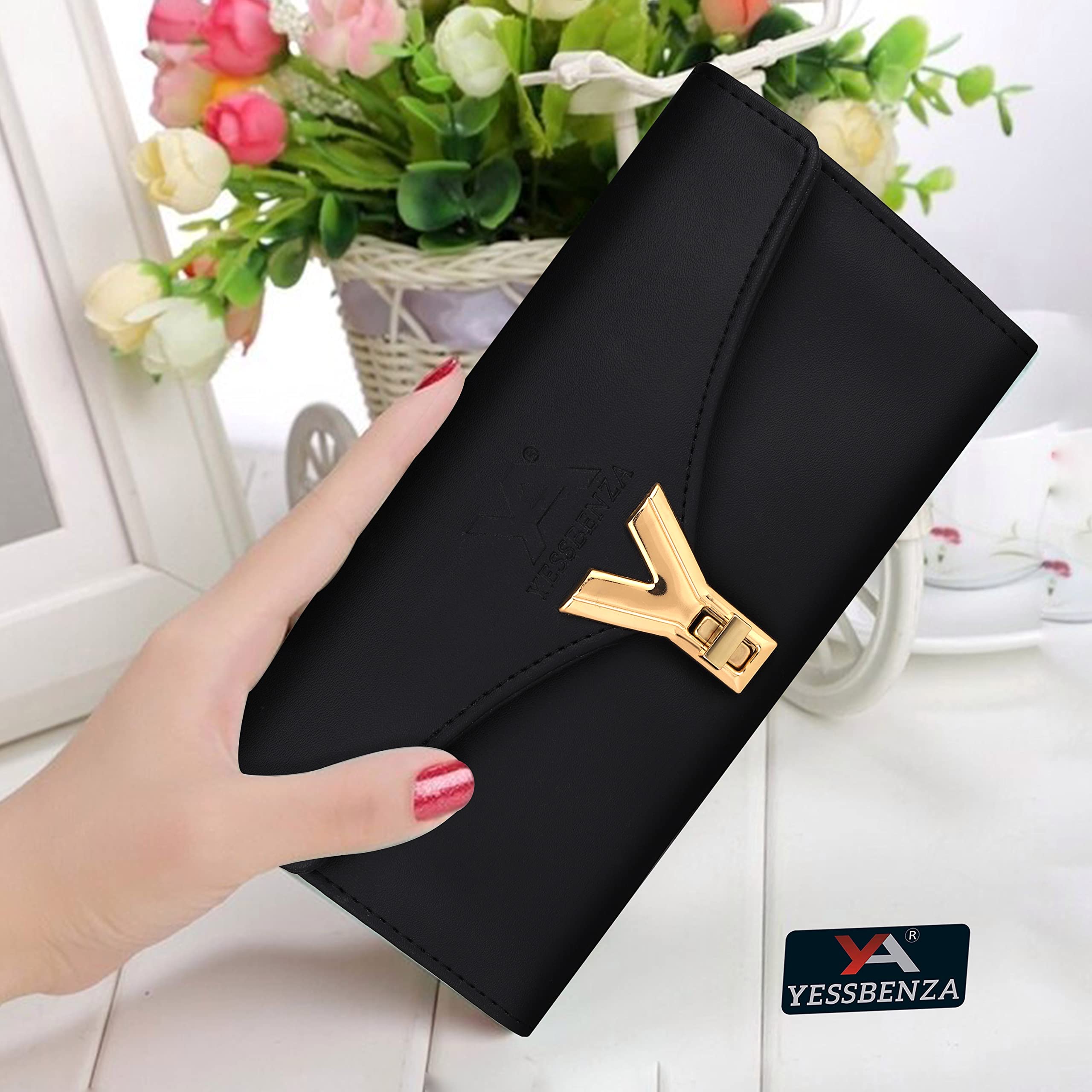 YESSNENZA Faux Leather Ladies Premium Stylish Women's Clutch Wallet Purse with Phone Pockets (Y Black) 3
