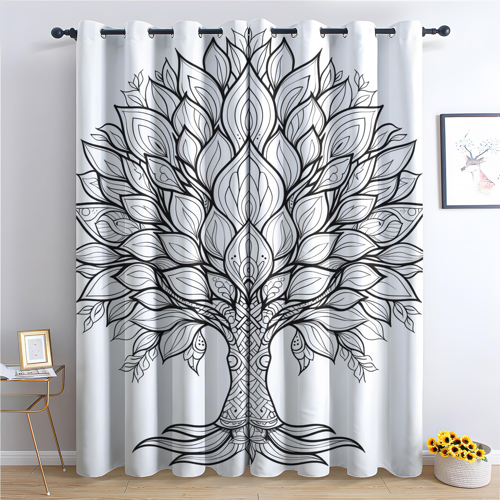 Zcwl Tree Of Life Curtains For Bedroom Living Room, Black White Patterned Blackout Curtains, Thermal Insulated Eyelet Curtain, 84 Drop Window Treatments Drapes, 52X84 Inch (W X L), 2 Panels