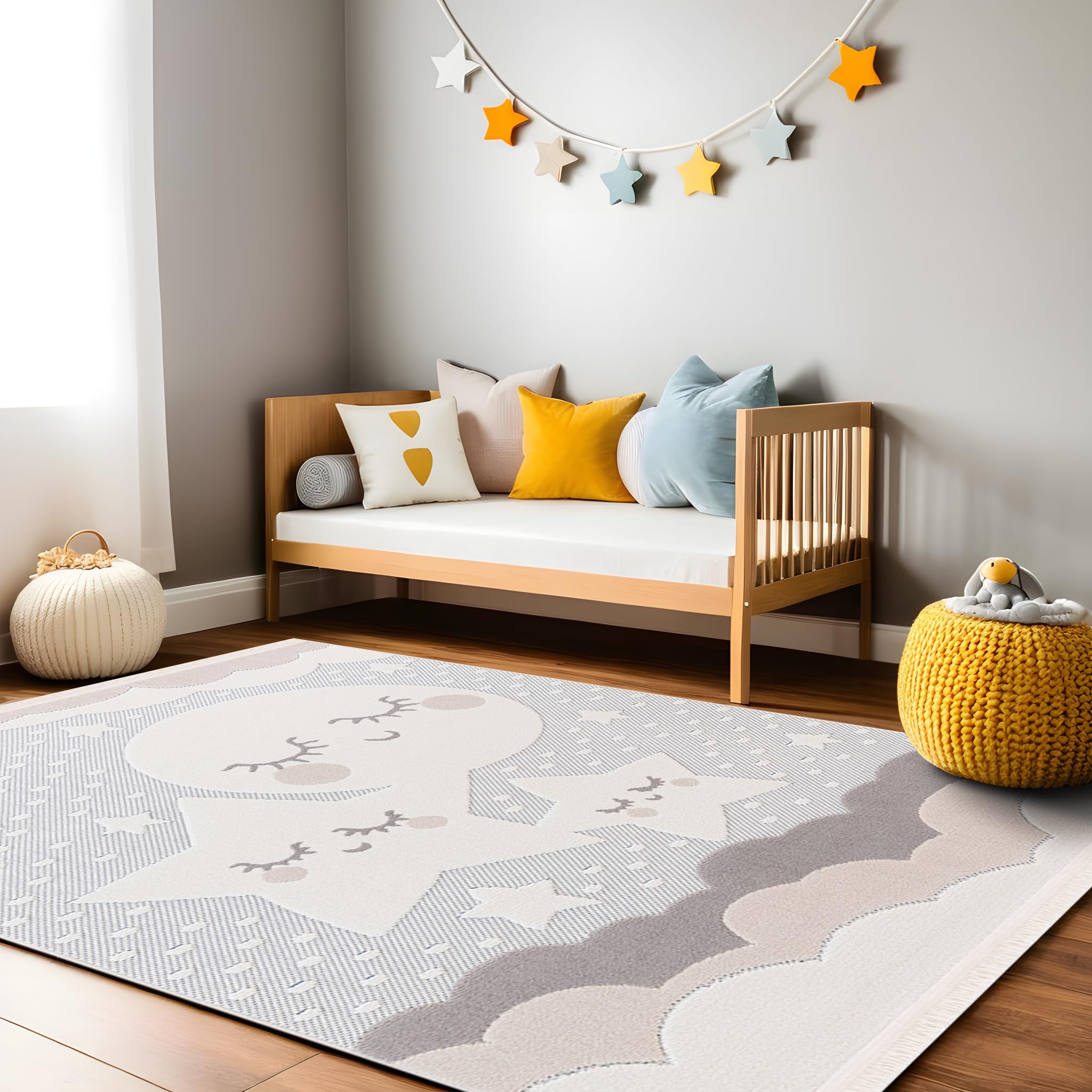 RUGURA Alfombra Infantil Redonda Habitación Niña Niño Dormitorio Nubes Estrellas Arcoiris Animales, 160cm Gris Claro Beige Crema