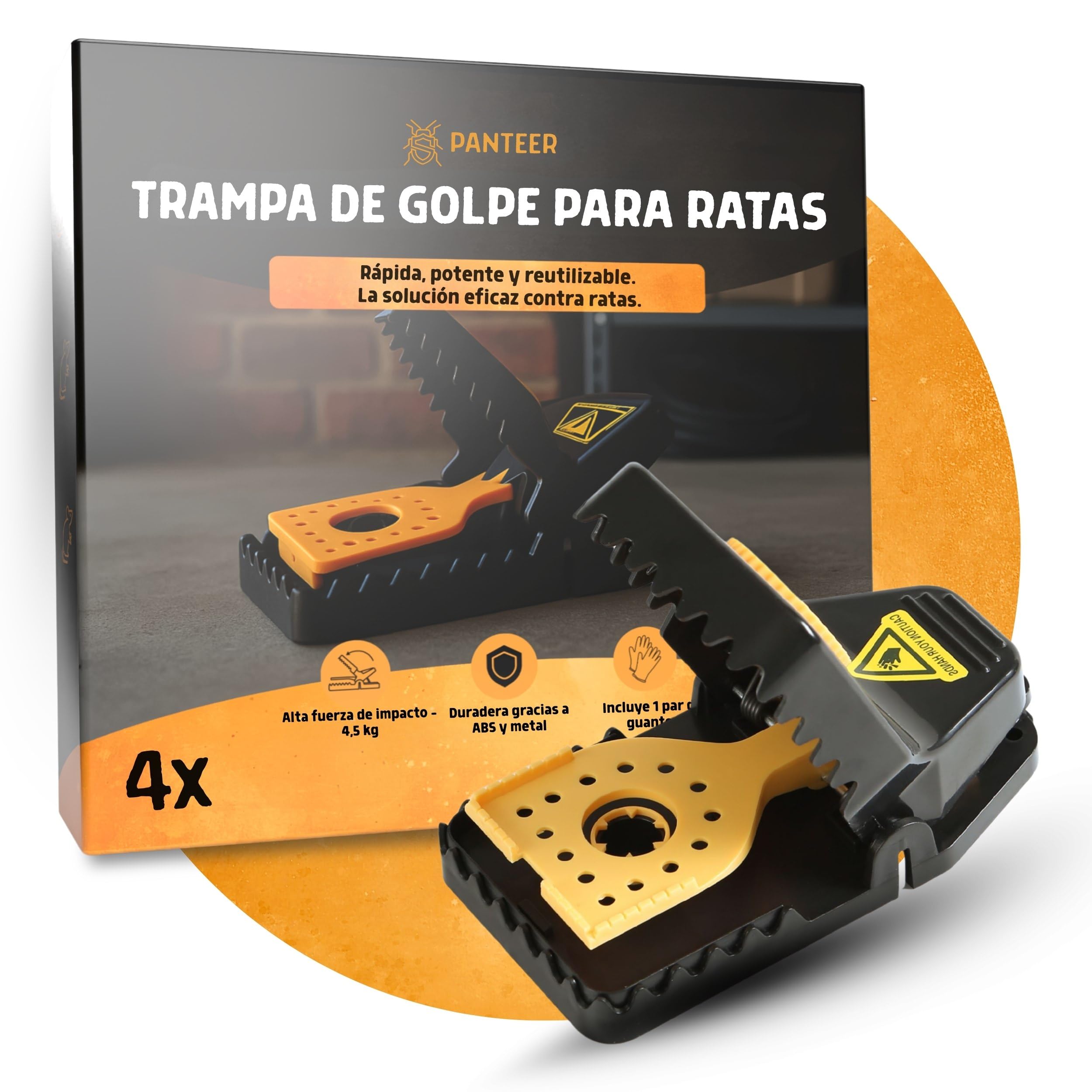 Trampas para Ratas de Impacto – Juego de 4 – Fuerza de Impacto 4,5 kg – Duraderas Gracias a ABS y Metal – Incluye 1 par de Guantes – Trampa para Ratas Reutilizable para sótano, Garaje y Exterior