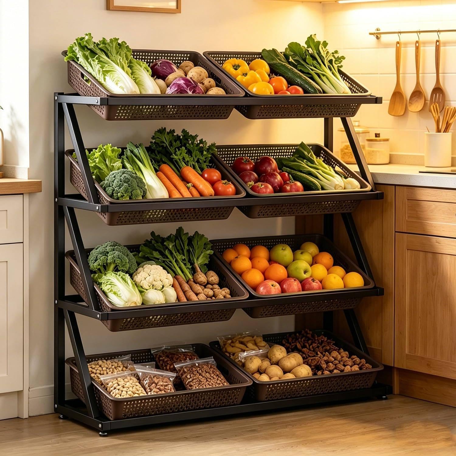 Memykoy Commercial Supermarket Fruit Vegetable Shelf Organizer,4/5 Tier Retail Display Rack Market Shelf, Large Capacity Convenience Store Snack Display Stand with 8/10 Baskets Brown-4Tier