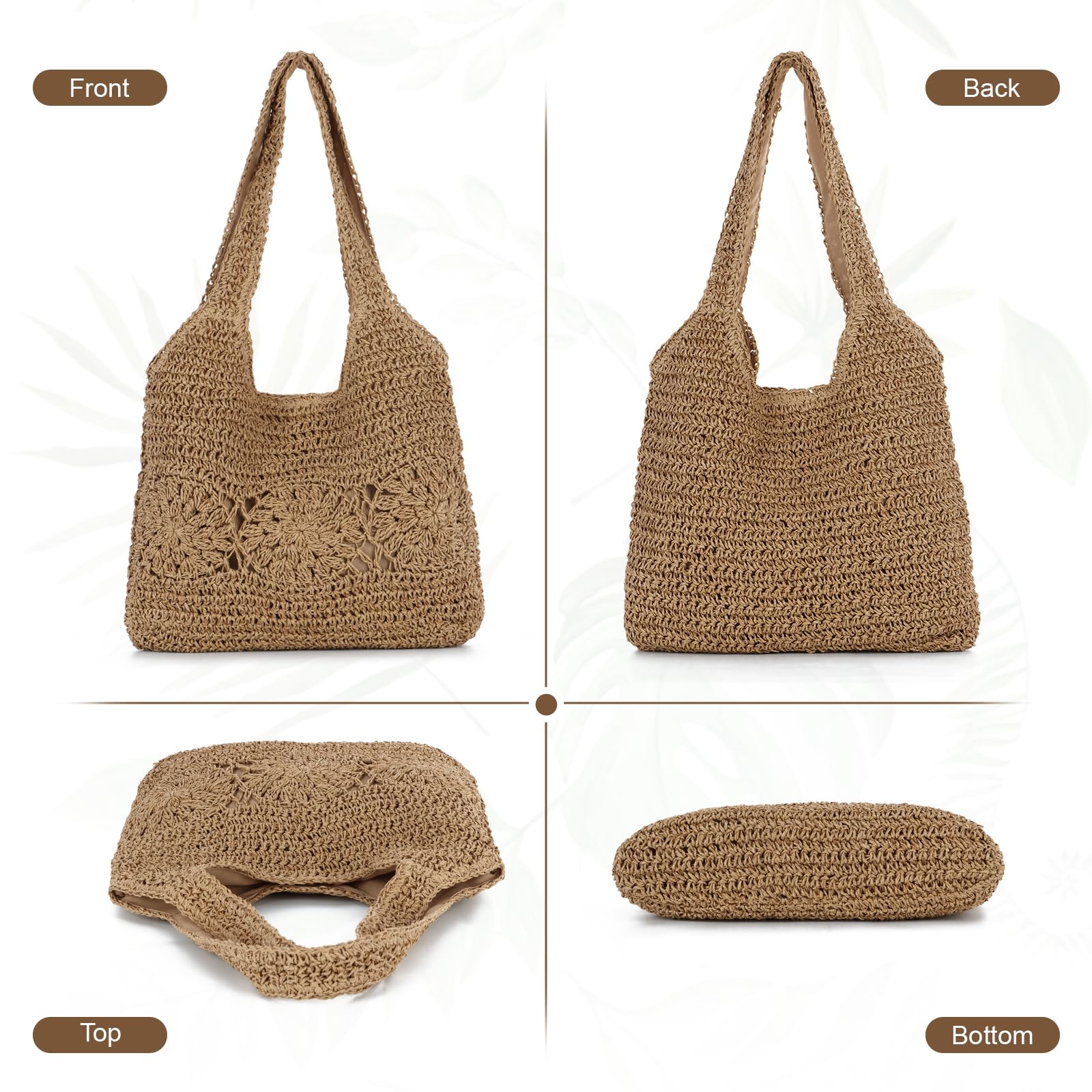 EVEOUT Bolso de hombro Paja para Mujer Verano Bohemio Ligero Grande Shopper Tejido Bolso Tote Rafia para Playa Vacaciones