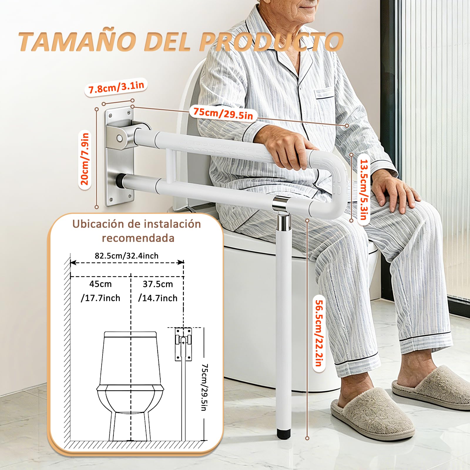 YUCHENGTECH Barra WC Minusvalidos Abatible 75cm Soporta 150 kg,Blanco | Agarraderas Bano para Mayores Acero Inoxidable Asa Seguridad WC para Ancianos Discapacitados Embarazadas