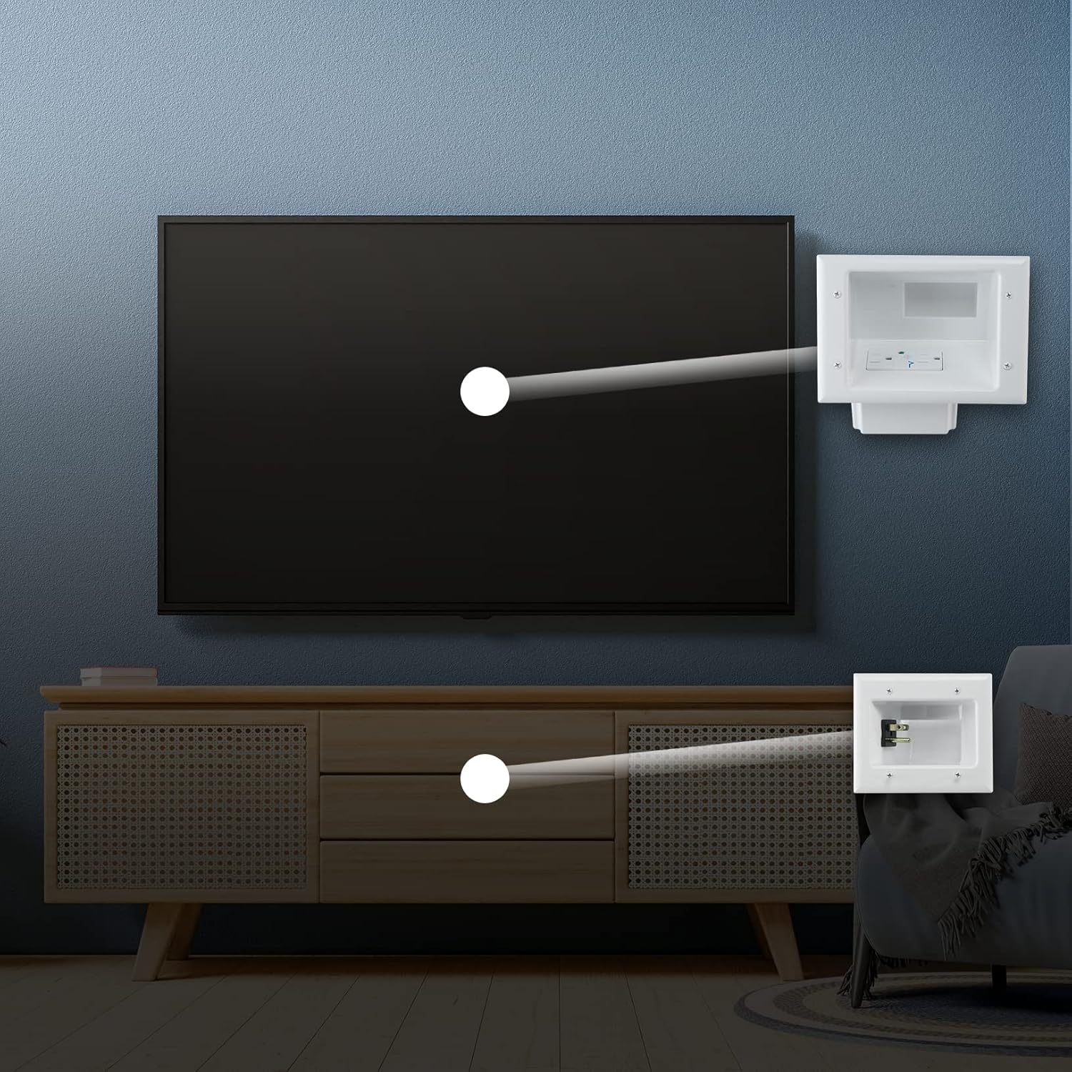 Before and after comparison of TV setup with and without cable management