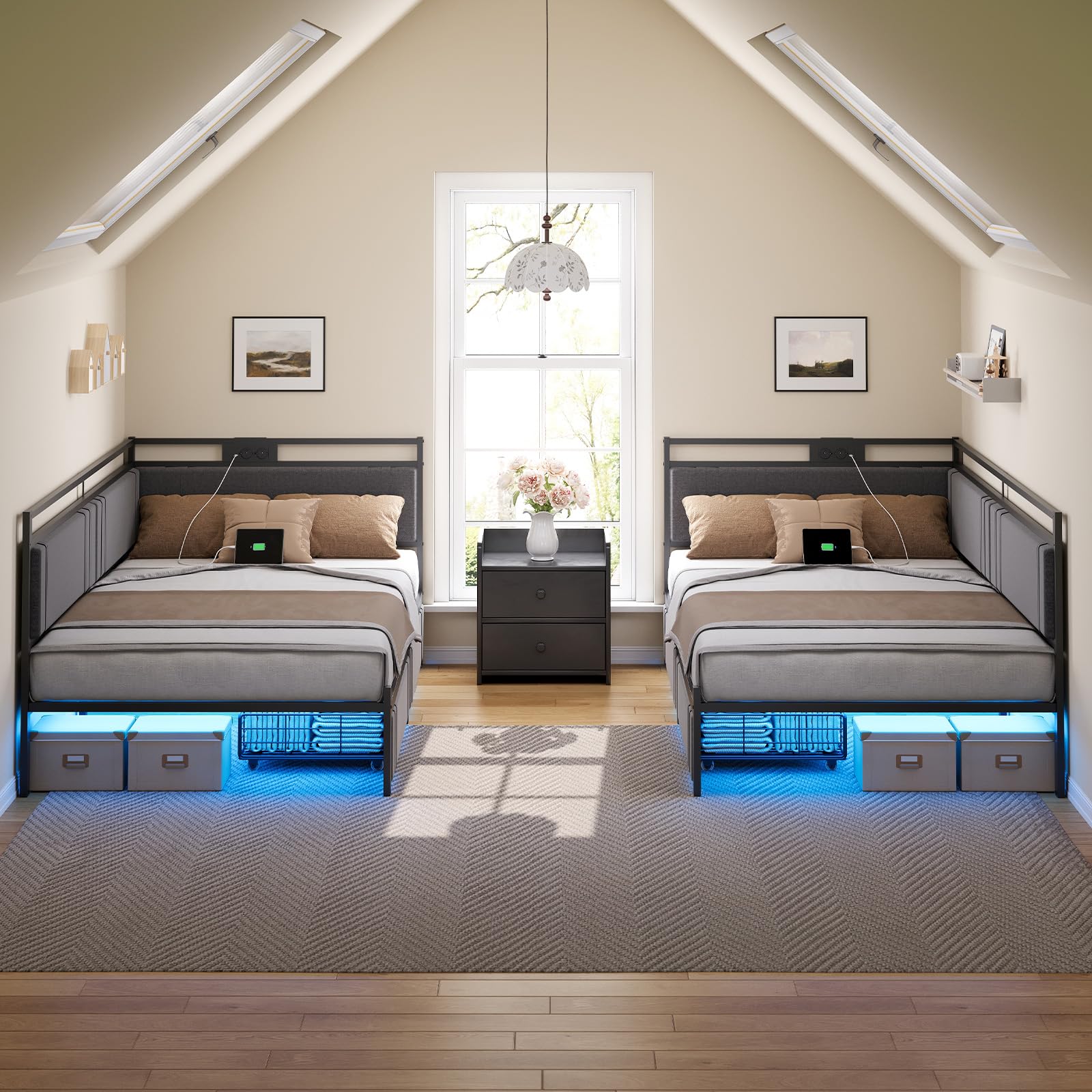 HOOBRO Polsterbett Schlafsofa 90x200, Jugendbett mit LED-Beleuchtung und USB-Ladestation, Tagesbett mit 2 Schubladen und Lattenrost, Gästebett, Einzelbett, Grau und Schwarz EBG81CDBF01