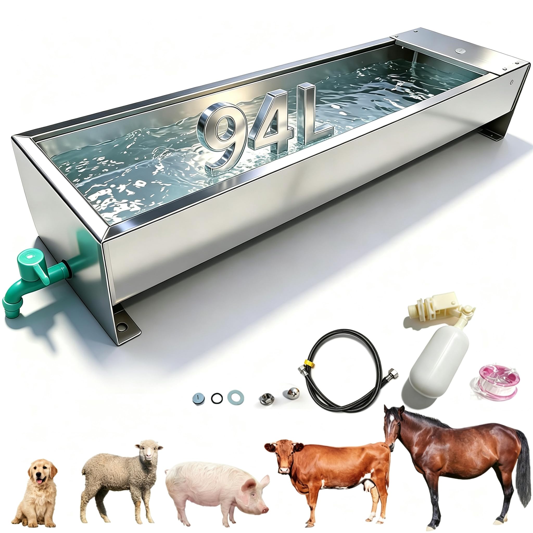 Bebedero Automático para Ganado de 95L, Bebedero de Acero Inoxidable de Gran Capacidad con Kit de Válvula de Flotador, Apto para Cabras, Ganado Vacuno, Caballos, Cerdos y Perros, para Uso Exterior