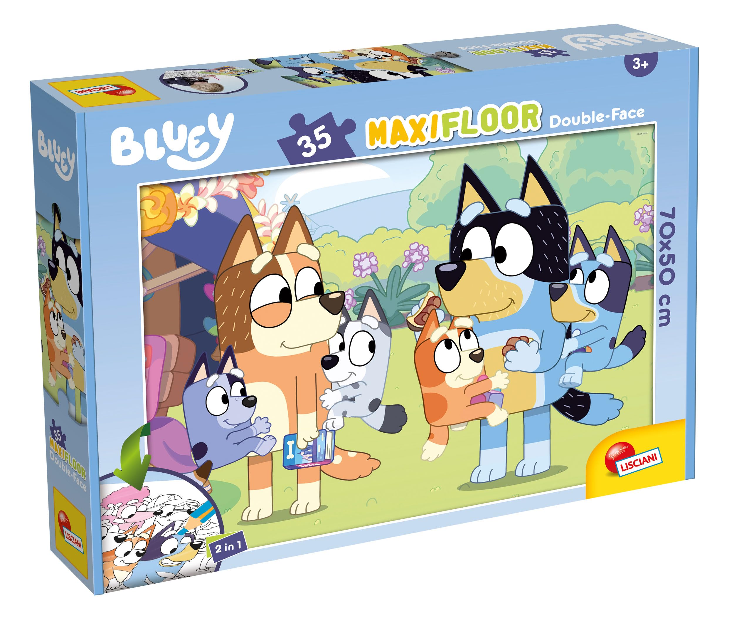 Lisciani - Bluey - MaxiFloor - 35 Pieces - Puzzle for Children 4+ - Size 70 x 50 cm - Double-Sided Illustration with Coloring Back - Creative Activity - Hand-Eye Coordination and Observation