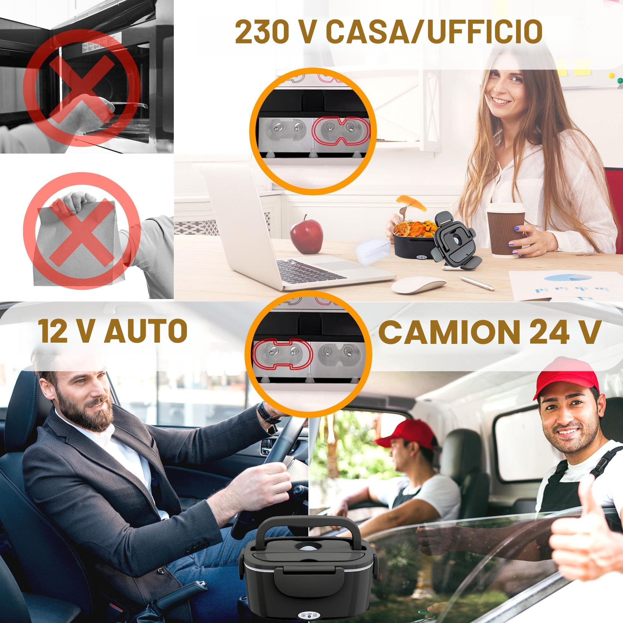 Nifogo Scaldavivande Elettrico 100W Lunch Box Elettrica 3 in 1 Contenitore Portavivande 1,5L l'ufficio, casa, Auto, Camion 12V 24V e 230V con Grigio Borsa isolante e Set di Posate(Nero)