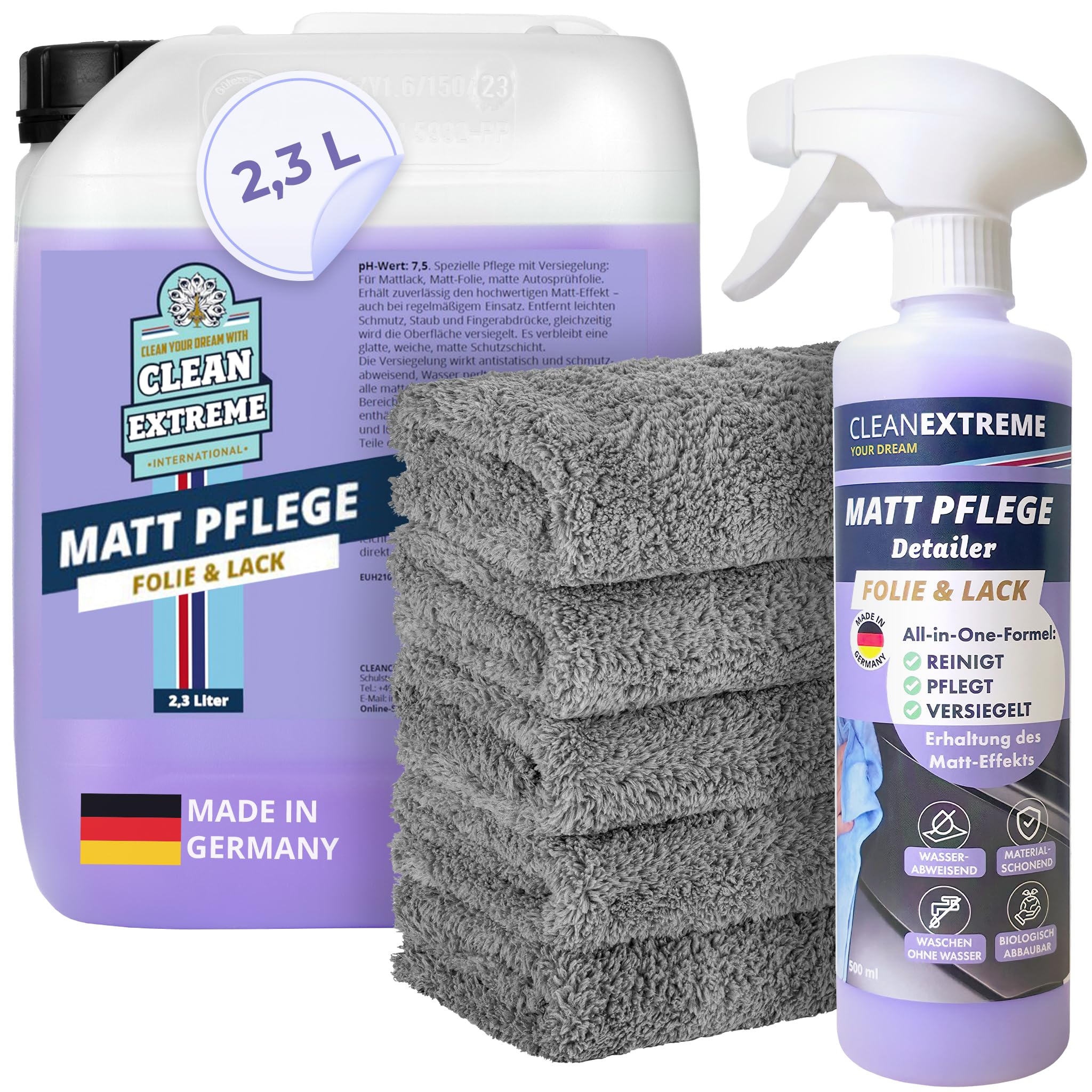 Mattlack Pflege mit Versiegelung - 500ml Spray + 2,3L Kanister | Set inkl. 5 x 500GSM Mikrofasertuch - Zum Pflegen von Autolack Matt, Matt-Folie, Autosprühfolie - Erhält den Matt-Effekt