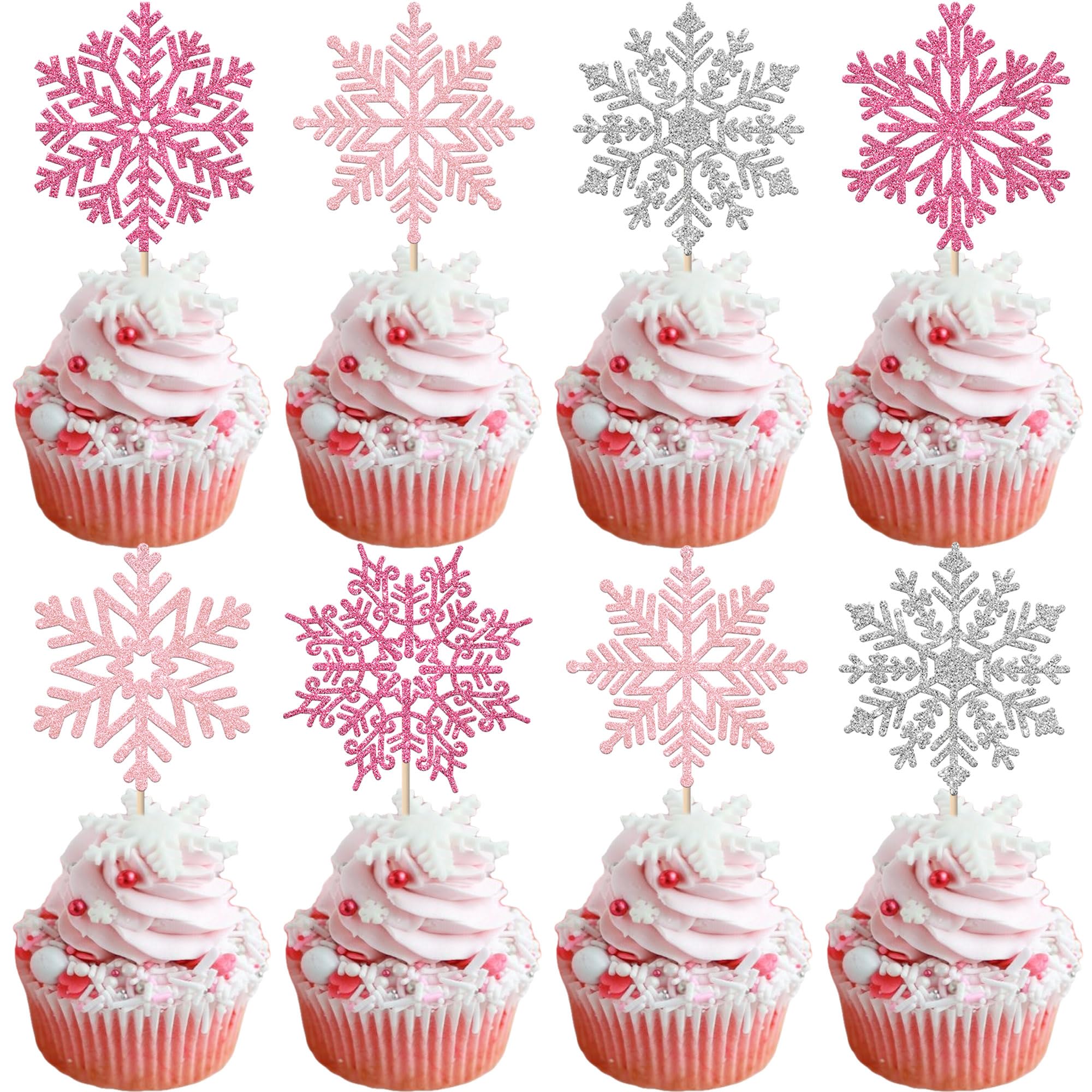 Xsstarmi 36 Pack Snowflake Cupcake Toppers Glitter Winter Frozen Snowflake Cupcake Picks for Baby Shower Birthday Christmas Party Cake Decorations Supplies Pink Silver Pink