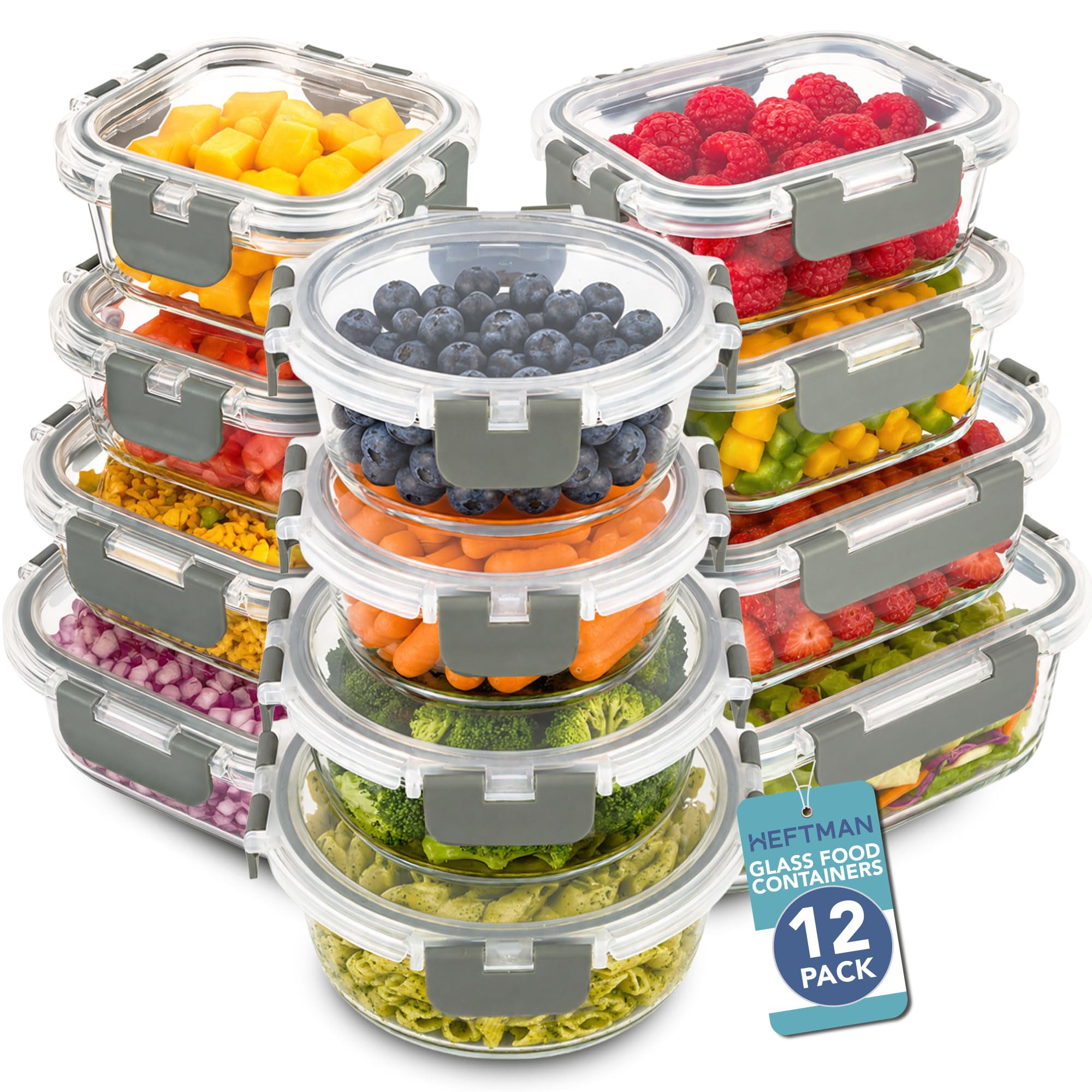 HEFTMAN Glass Food Containers with Lids - 12 Pack Meal Prep Containers, 330ml to 1L Sizes, Airtight Food Storage Container for Leftovers, Lunch, Fruit/Veg Storage, Microwave, Freezer & Dishwasher Safe