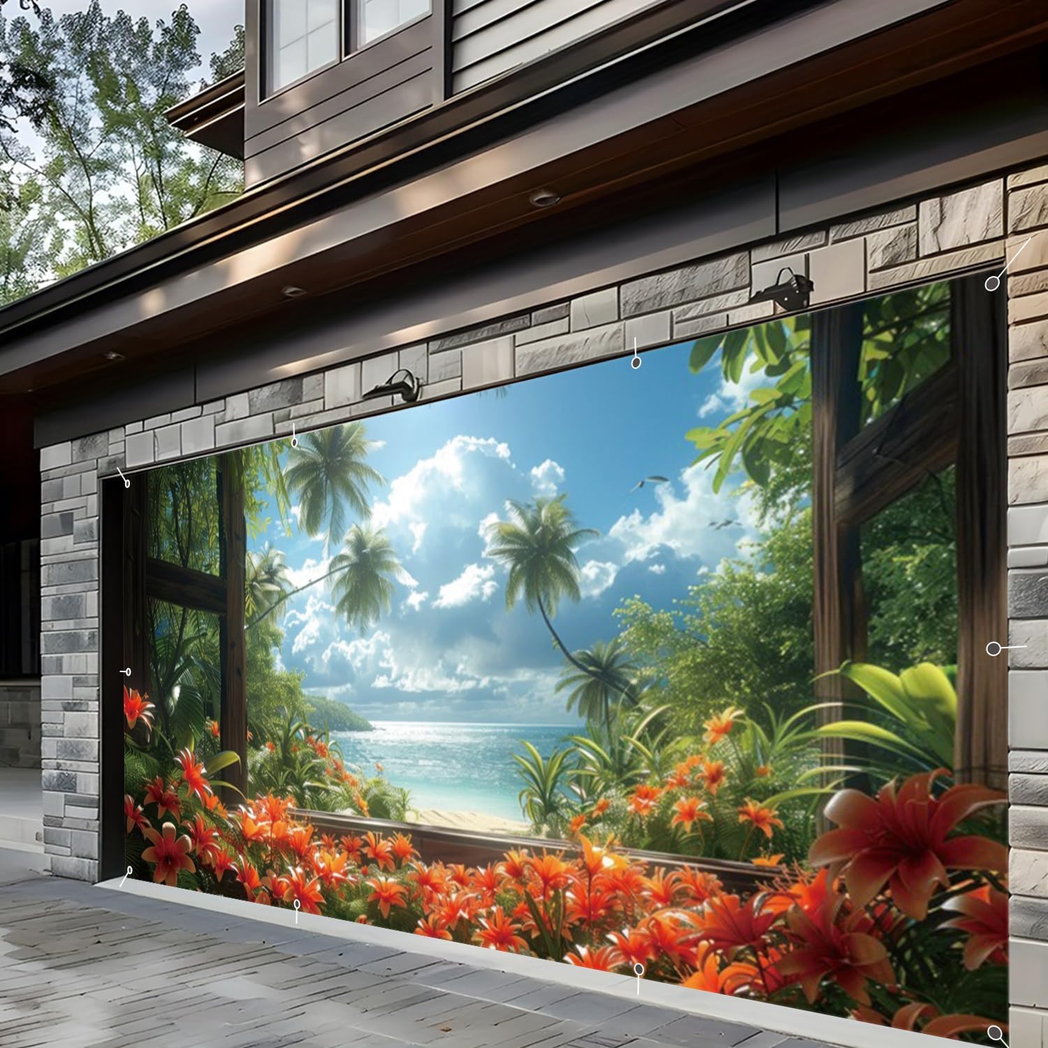 7x16ft Hawaii Seaside Beach Garage Door Decorations Tropical Palm Trees Window Scene Large Summer Banner for Double Garage Door Luau Scenery Garage Door Cover for Outdoor Beach Party