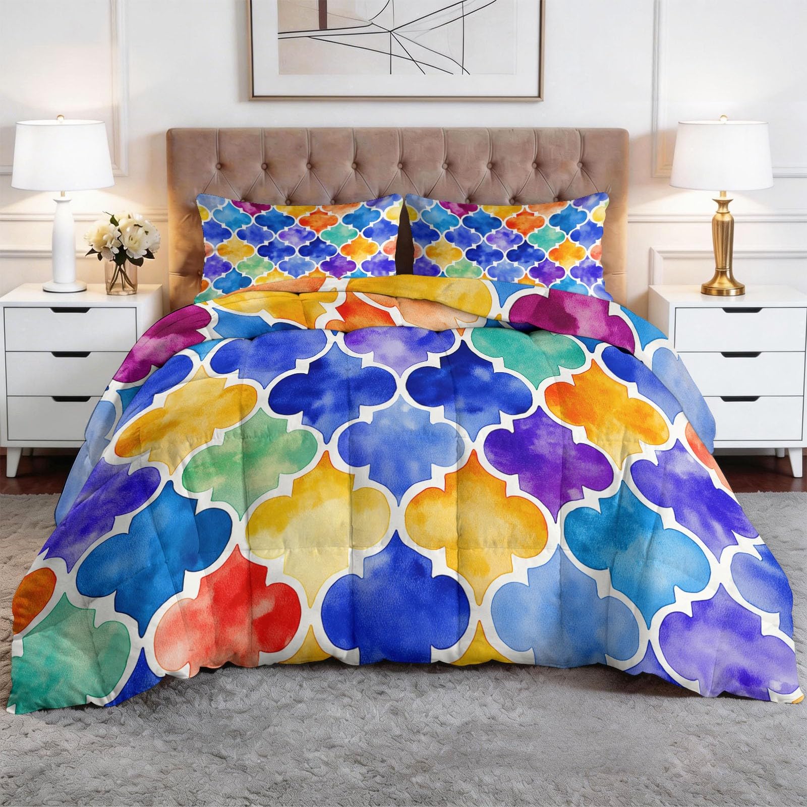 Wszystkie pory roku kołdra 160 x 200 cm czeska geometria mozaika luksusowa i miękka pikowana kołdra puchowa i pióra, oddychająca zmywalna w pralce, hipoalergiczna, dobry sen niebieski fioletowy