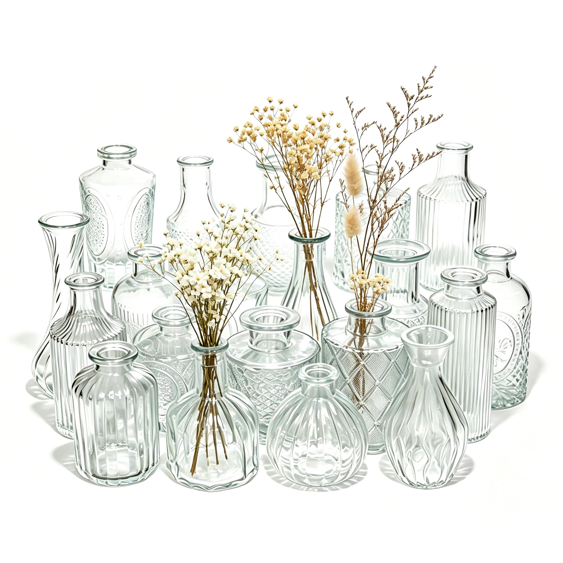 20er Set Mini Glasvasen für einzelne Blumen - Vintage Deko Vasen Klein Klar für Tischdeko Hochzeit Party Wohnzimmer - Blumenvasen Set Tischvasen (8-13cm)