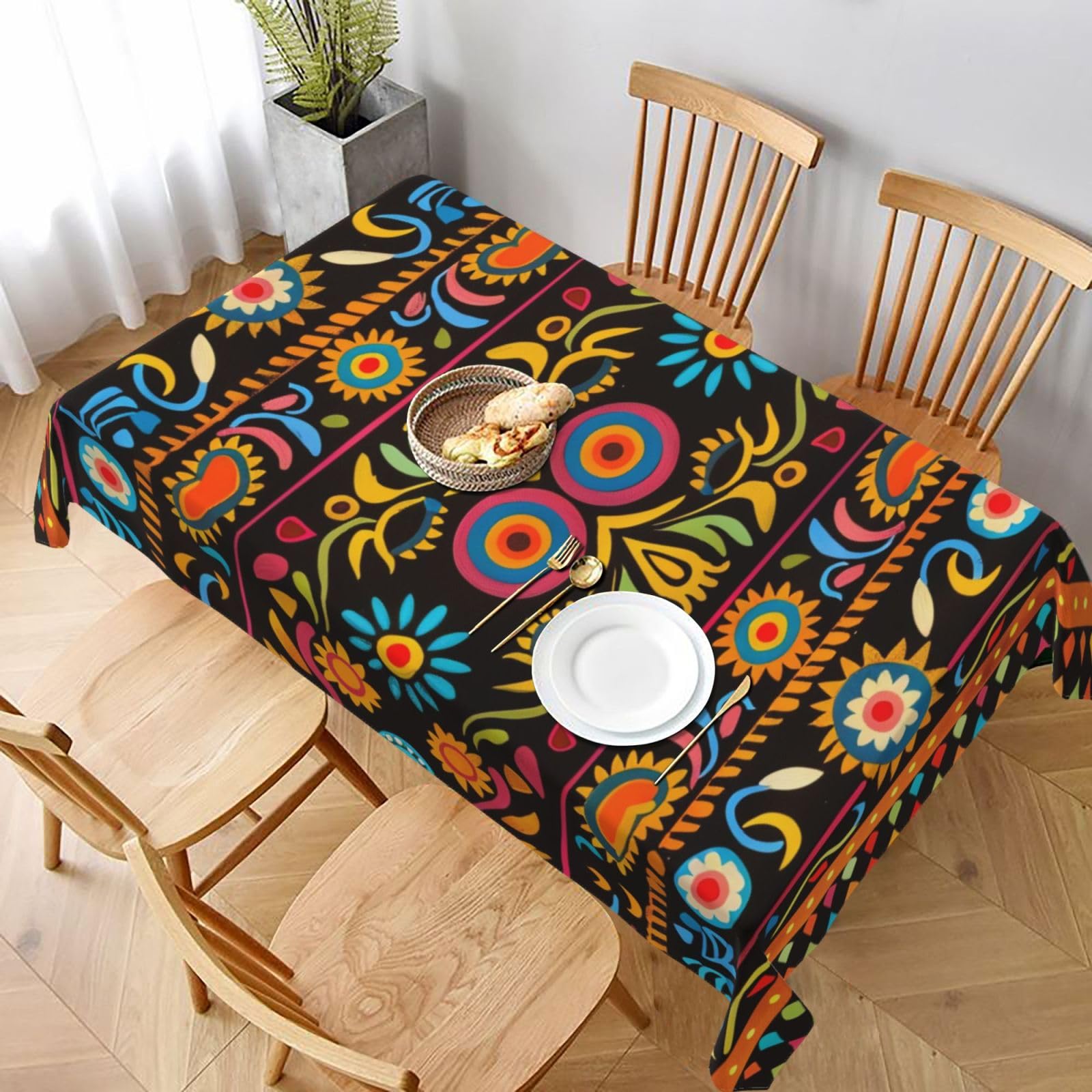WPKJU Mexican Folk Art Boho Printed Tablecloth 60x90 in Water Resistant Table Cover Washable Rectangle Table Cloth for Dining Tables
