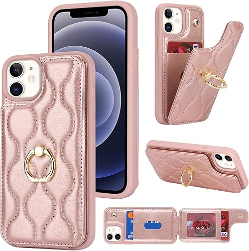 Funda para iPhone 12 Mini con tarjetero, soporte para tarjeta de crédito, soporte de anillo de soporte y bloqueo RFID, funda de piel sintética a