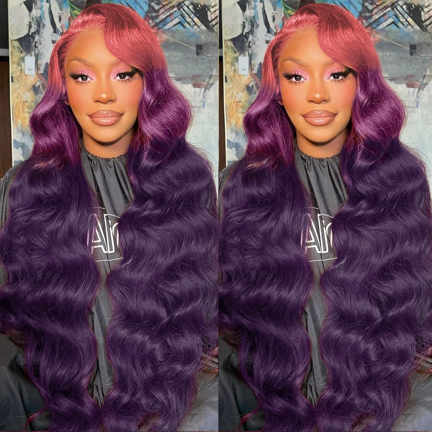 Purple Ombre 13x4 HD Lace Front Wig Human Hair Body Wave 3 Tone Pink to Purple Glueless Wigs Dark Pink Root Rainbow Colored Lace Frontal Wig 180% Density 20 Inch